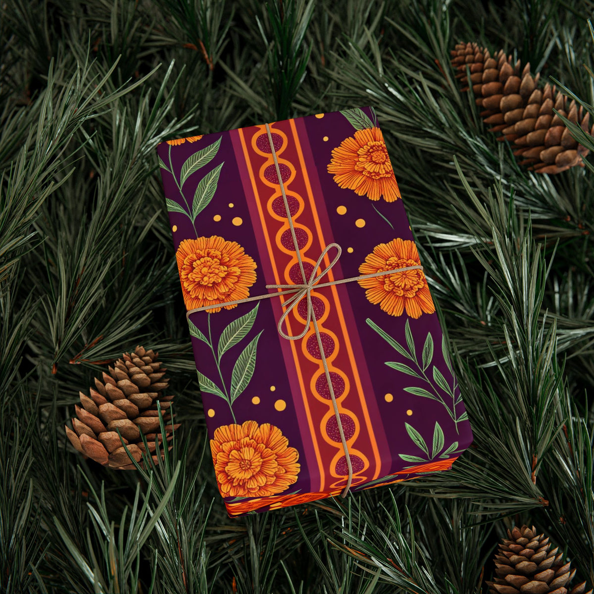 Diwali Wrapping Paper Roll - Marigold Festive Stripe Indian Gift Wrap