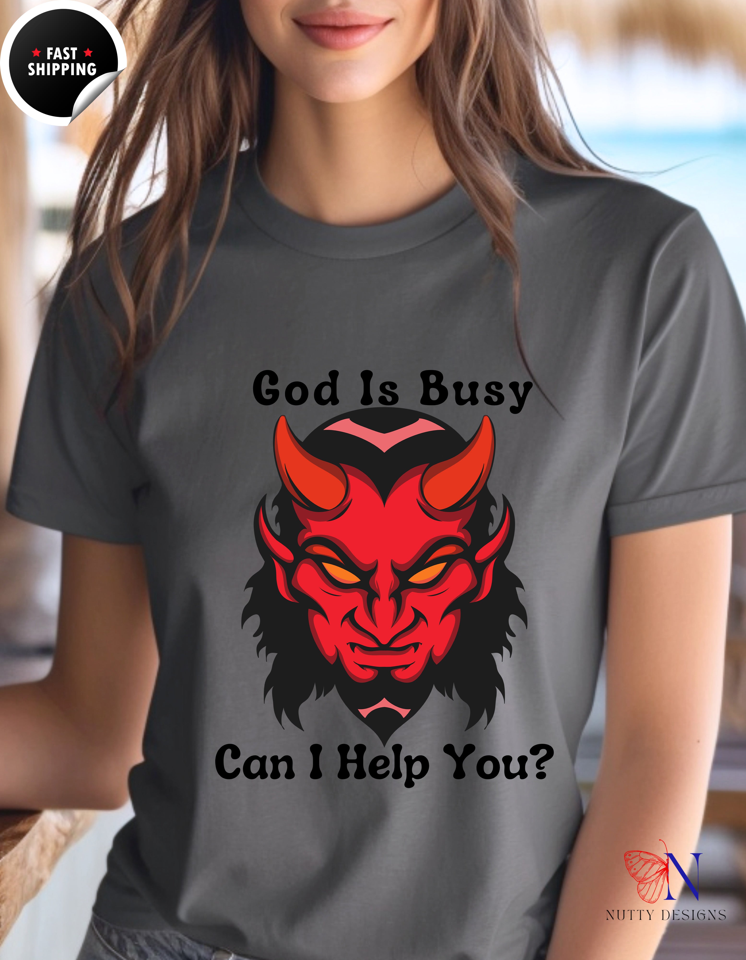 God Is Busy Dark , atheist religious T-Shirt Lifestyle Mockup | Nutty Designs