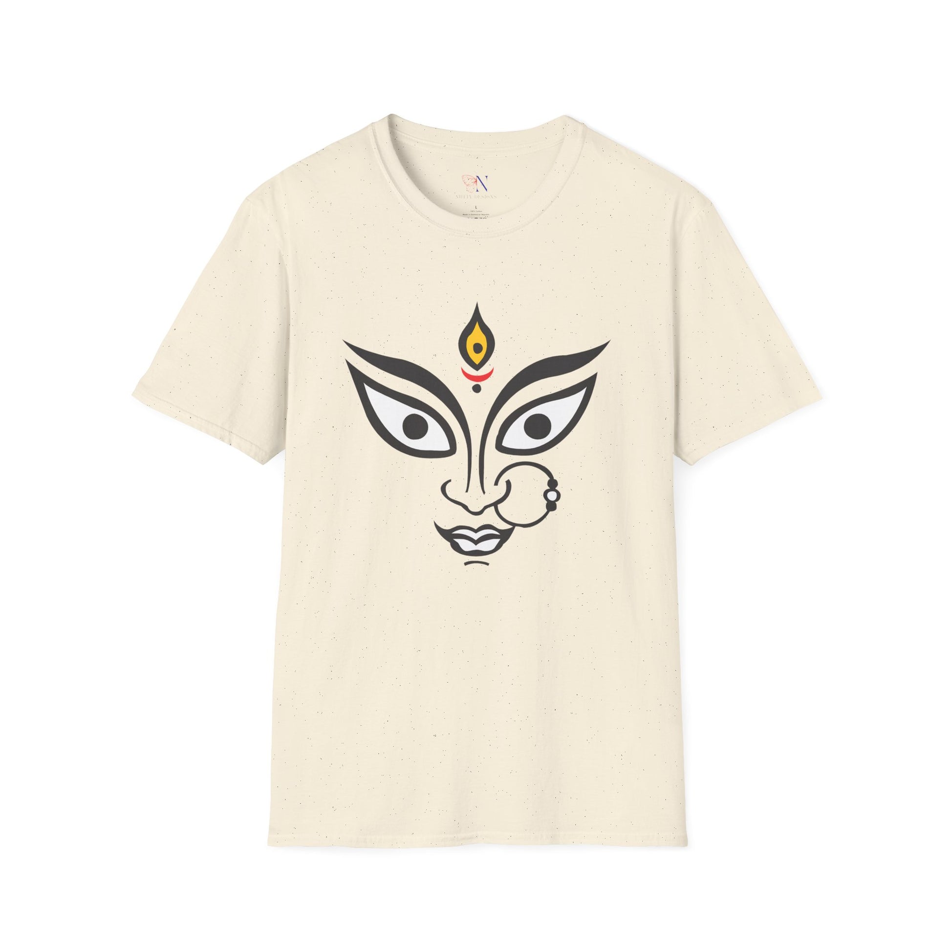 Beige Durga Maa graphic t-shirt for Hindu festivals, perfect Diwali and Navratri gift.