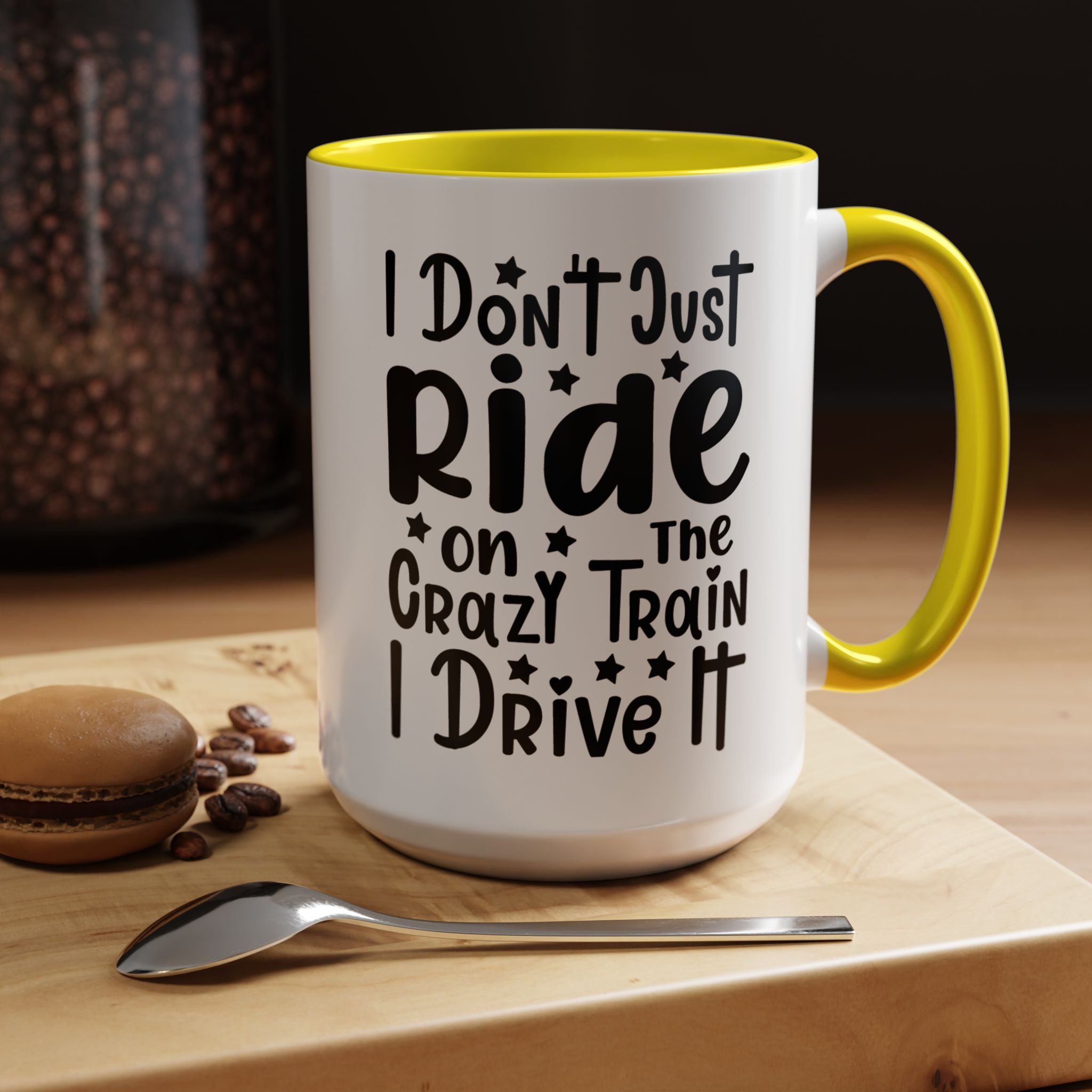 Funny Coffee Mug, Personalized Mug, I don't Just Ride On The Crazy Train I Drive It,  Accent Cup (11, 15oz), Gift Under 20, White Elephant