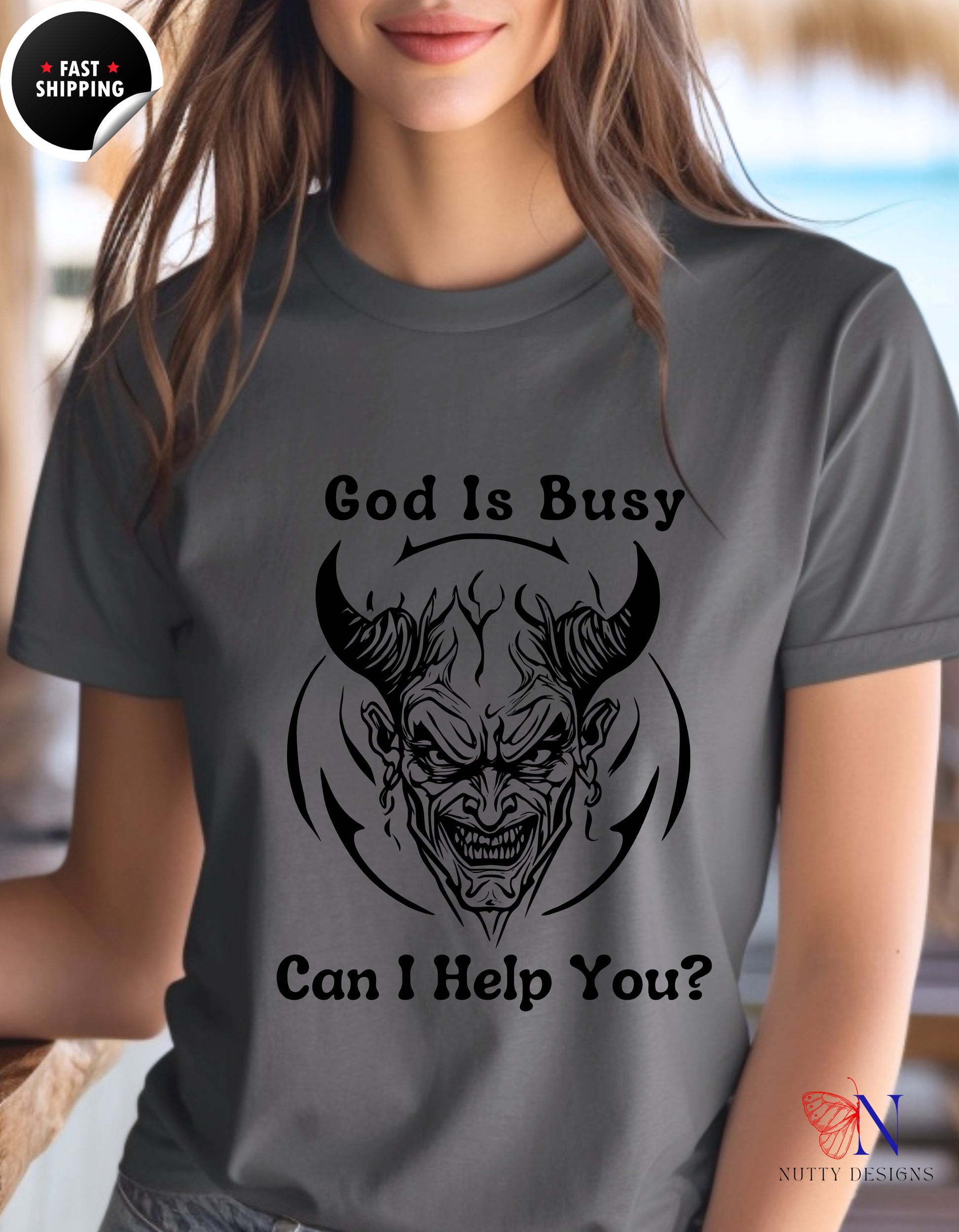 God Is Busy Dark , atheist religious T-Shirt Lifestyle Mockup | Nutty Designs