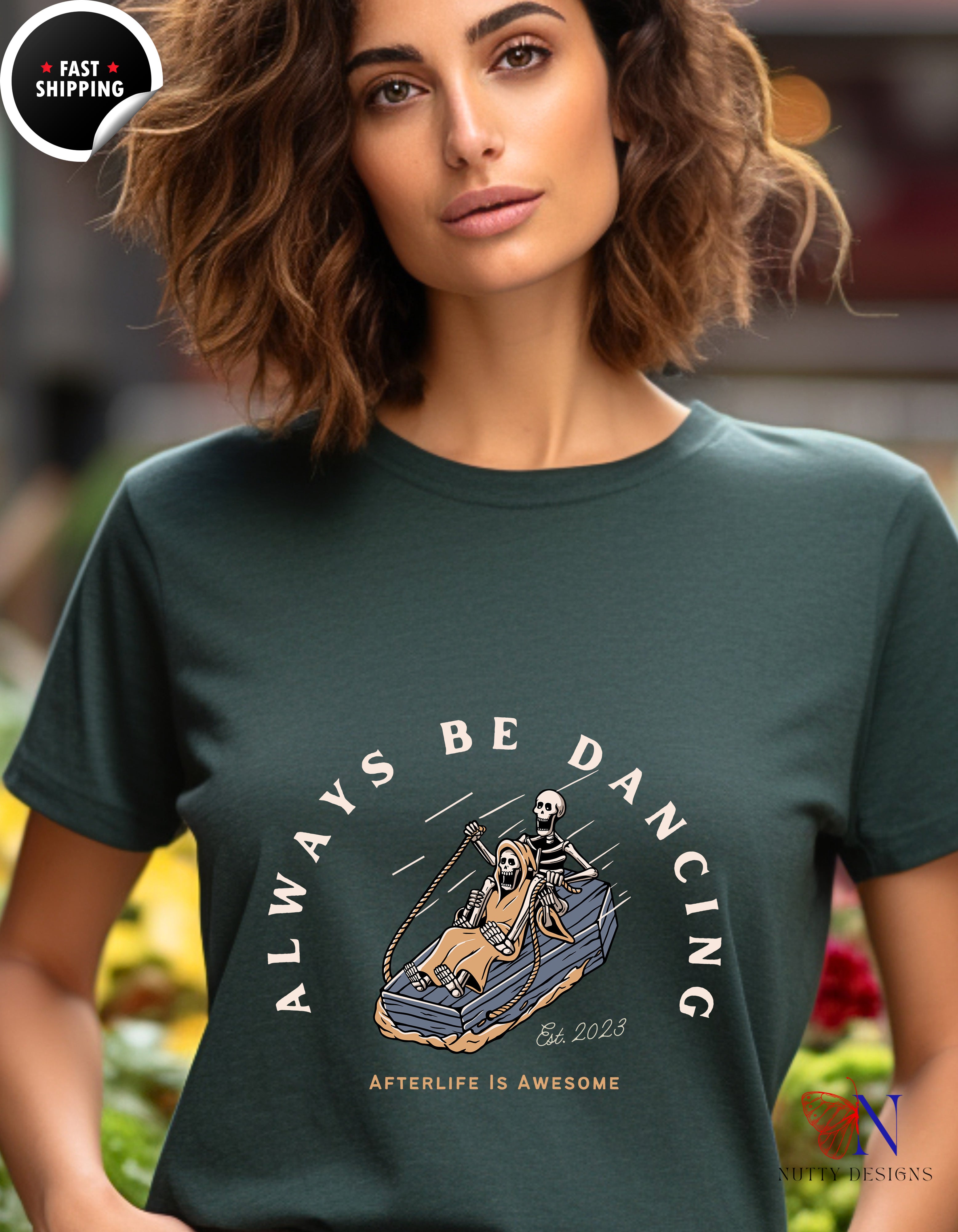 Always Be Dancing Afterlife Is Awesome Funny Skeleton Surfing in a Coffin T-shirt
