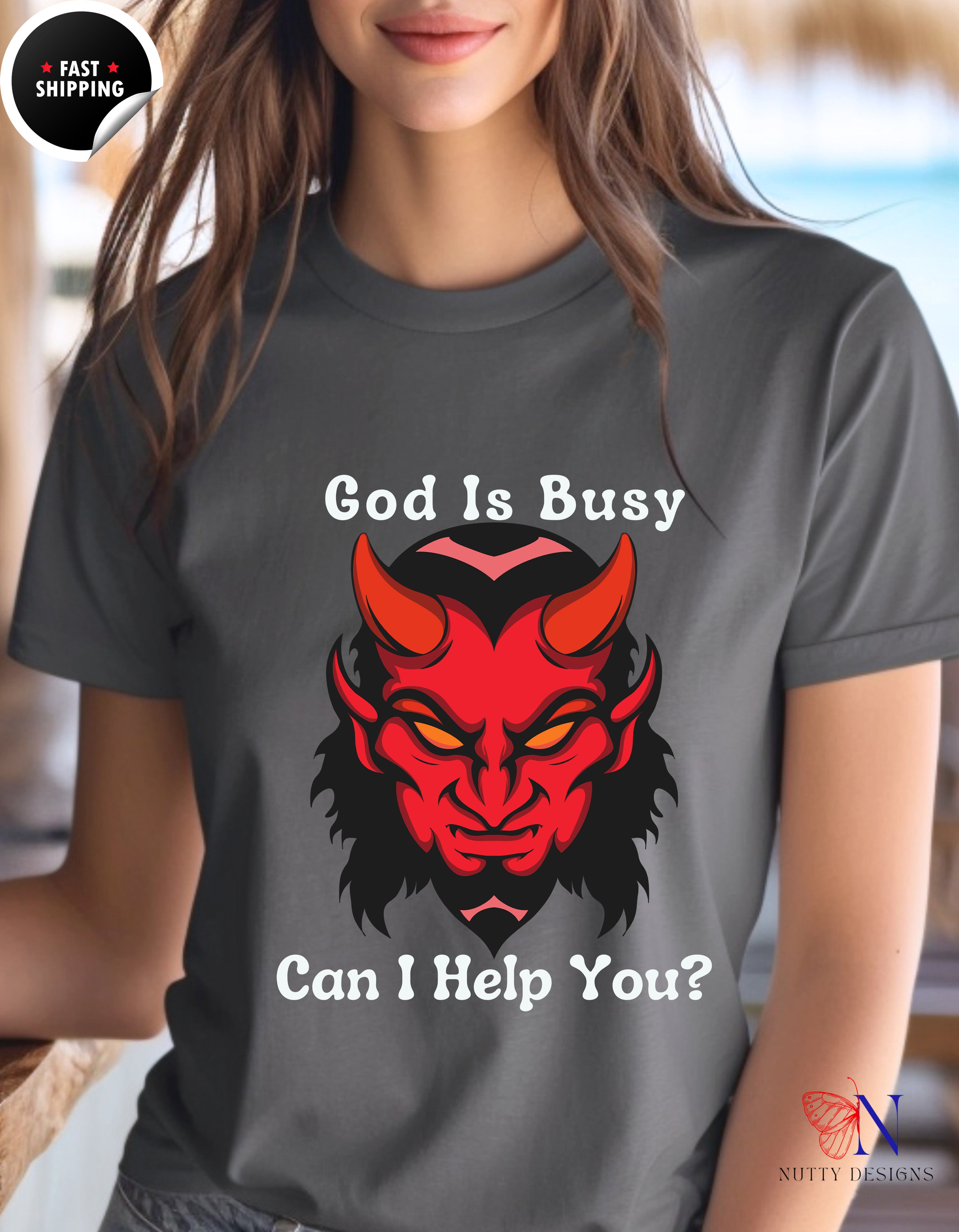 God Is Busy Dark , atheist religious T-Shirt Lifestyle Mockup | Nutty Designs