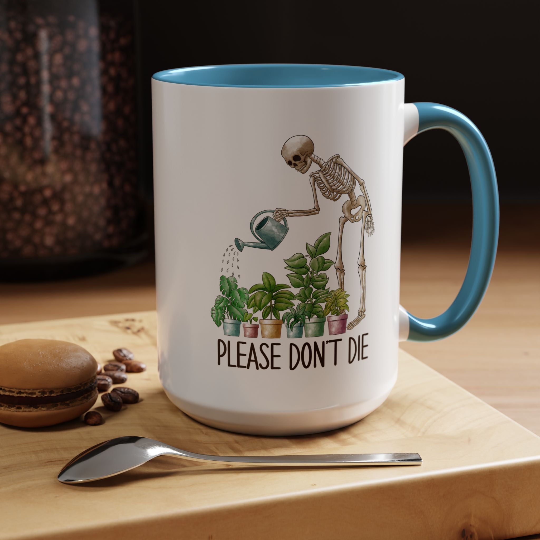 Funny Coffee Mug, Personalized Mug, Skeleton Watering Plants Saying Please Don't Die,  Accent Cup (11, 15oz), Gift Under 20, White Elephant
