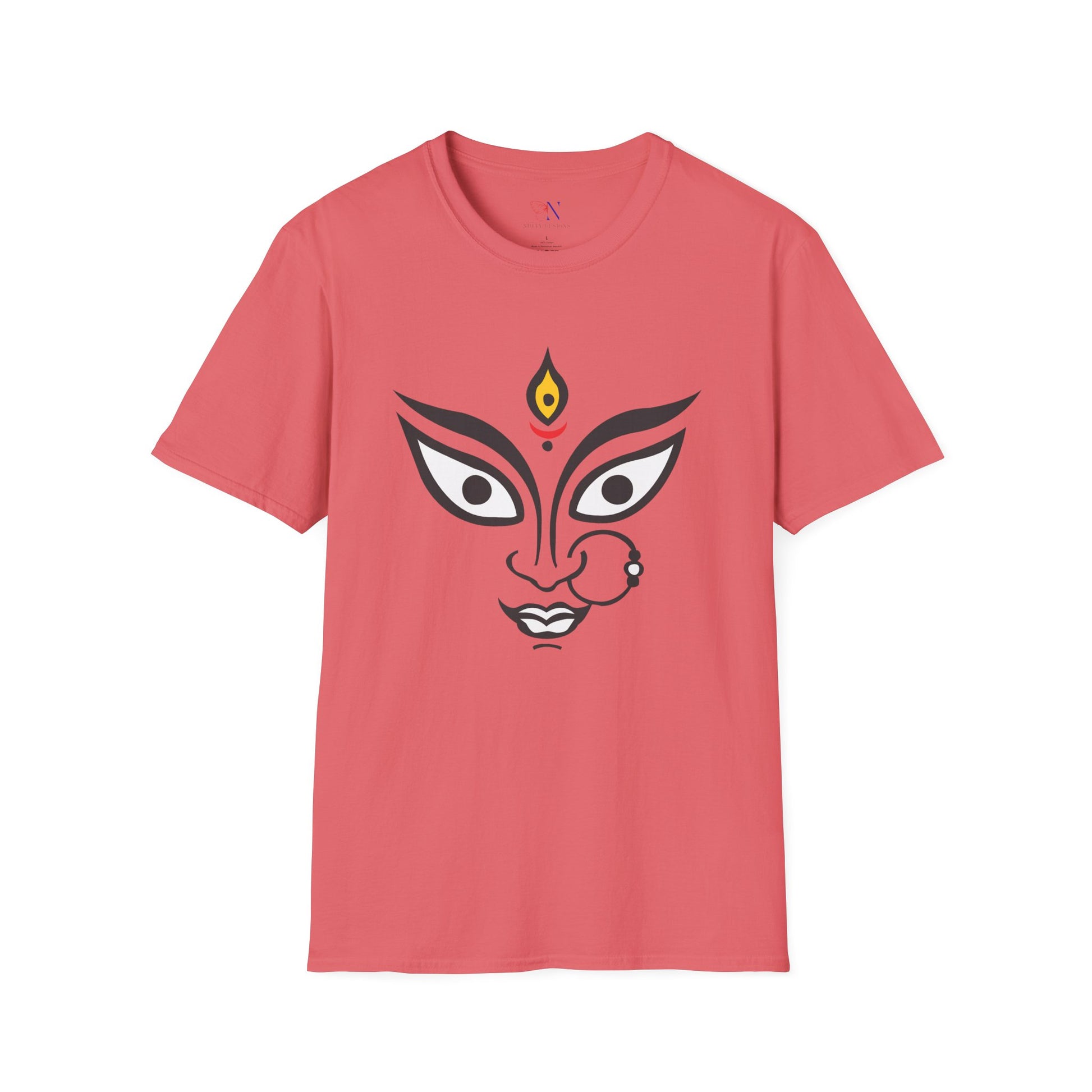 Red Durga Maa graphic t-shirt, ideal Diwali gift for Hindu religion followers, featuring modern Navratri and Durga Pooja design.