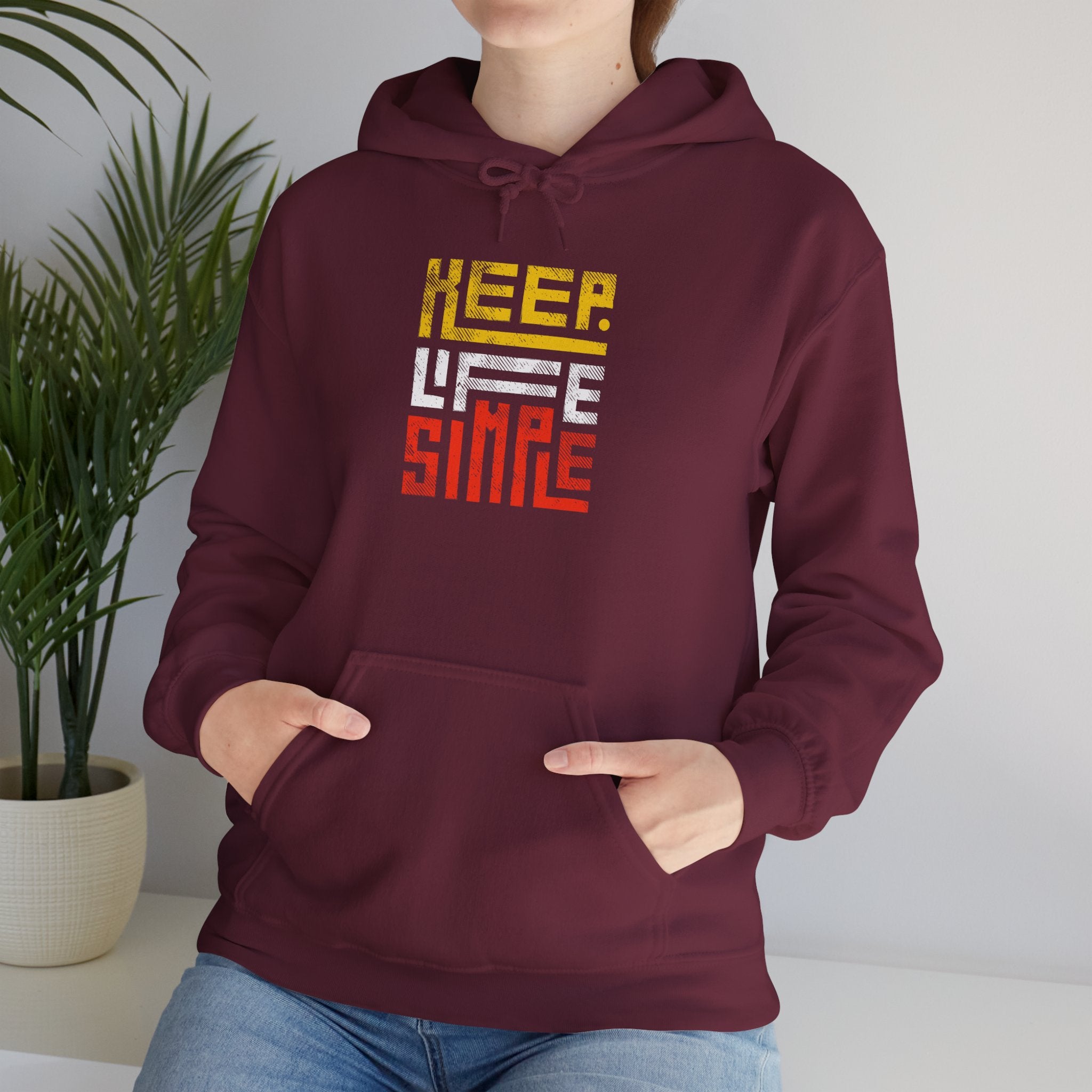 Keep Life Simple Hoodie — Retro Block Text White Pullover