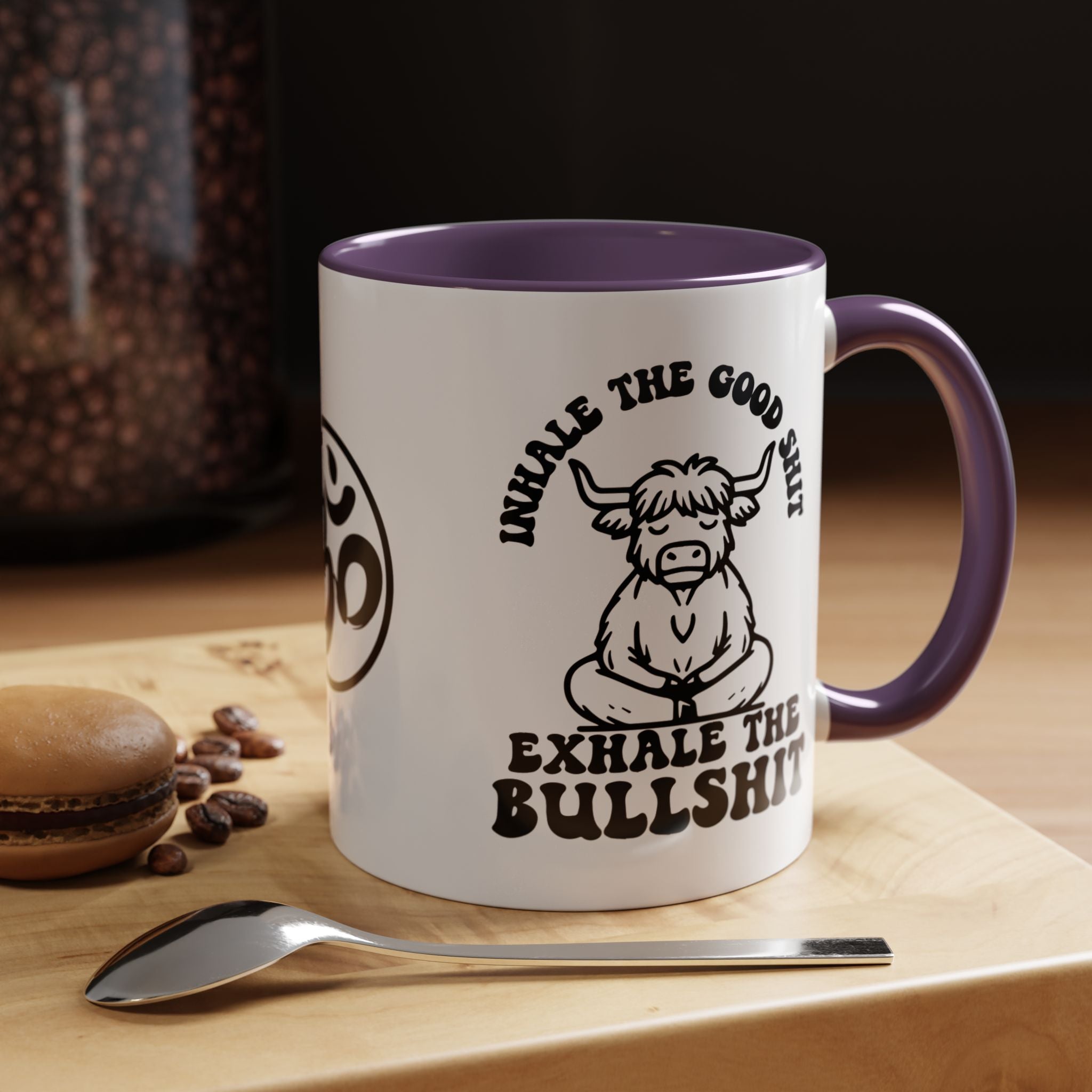 Inhale the Good Shit Exhale The Bullshit Cute Cow Chanting Om Accent Coffee Mug (11, 15oz)