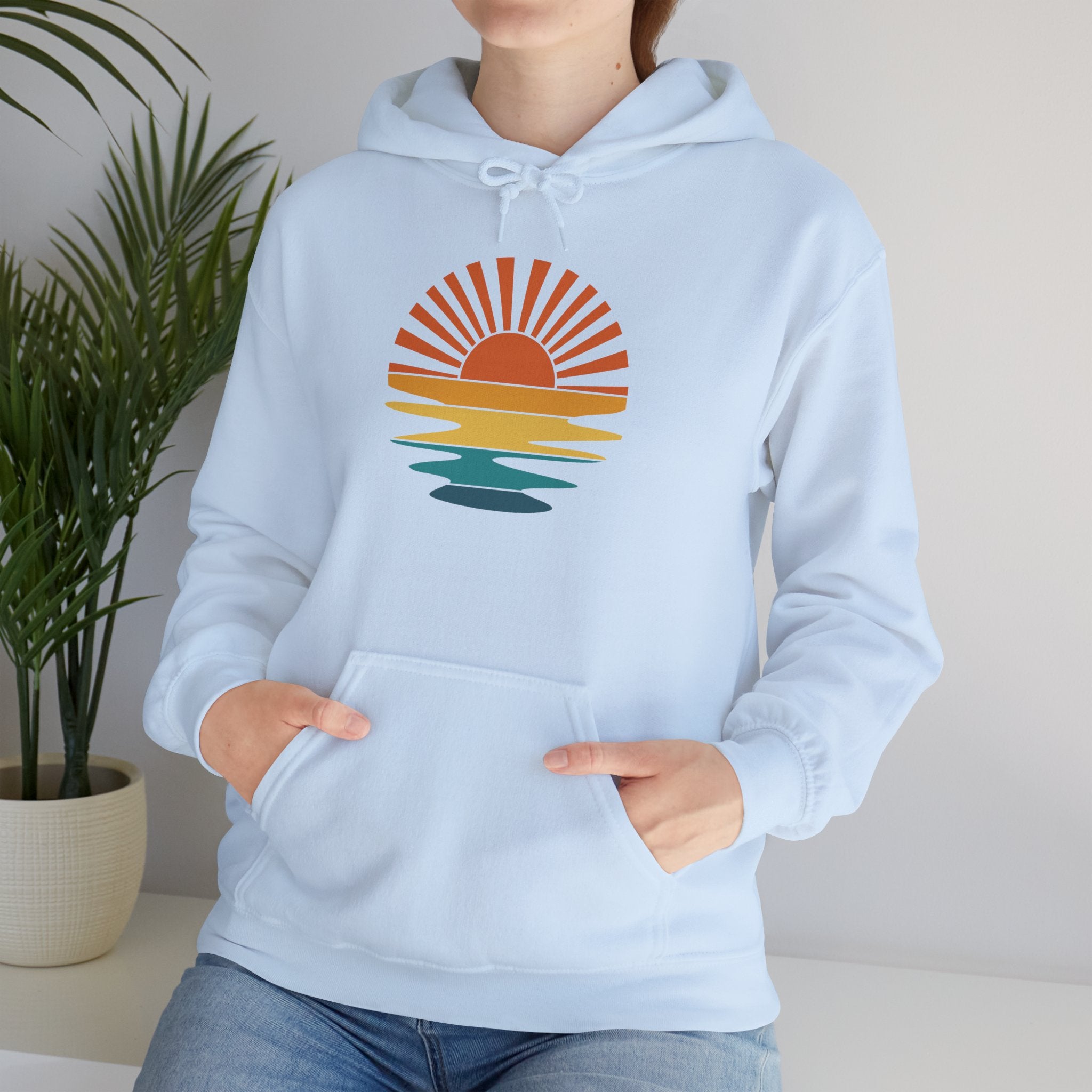 Sunset Minimalist Hoodie — Retro Sunrise Graphic Hooded Sweatshirt