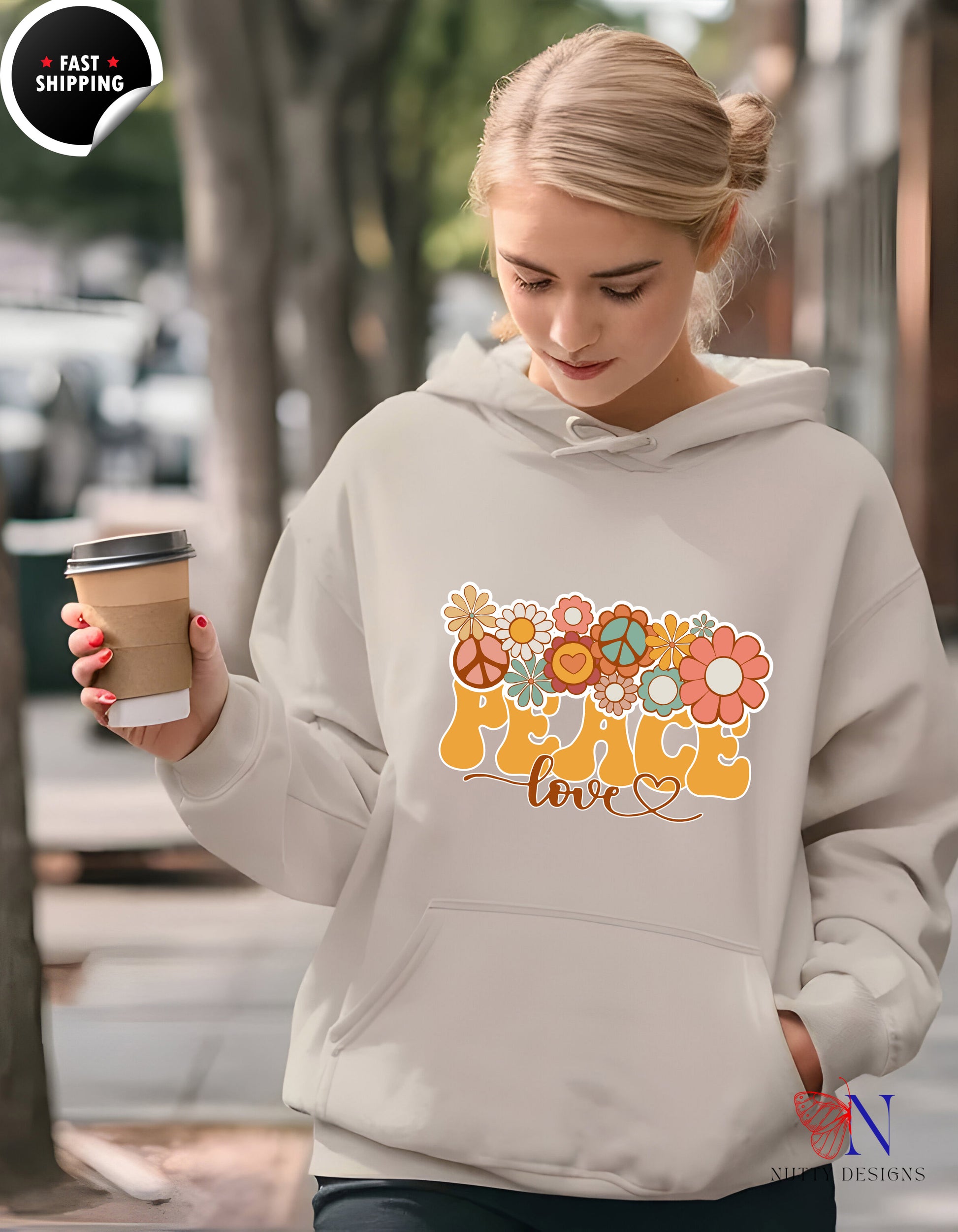 — Retro 'Peace & Love' Floral Graphic Hoodie Lifestyle Mockup | Nutty Designs