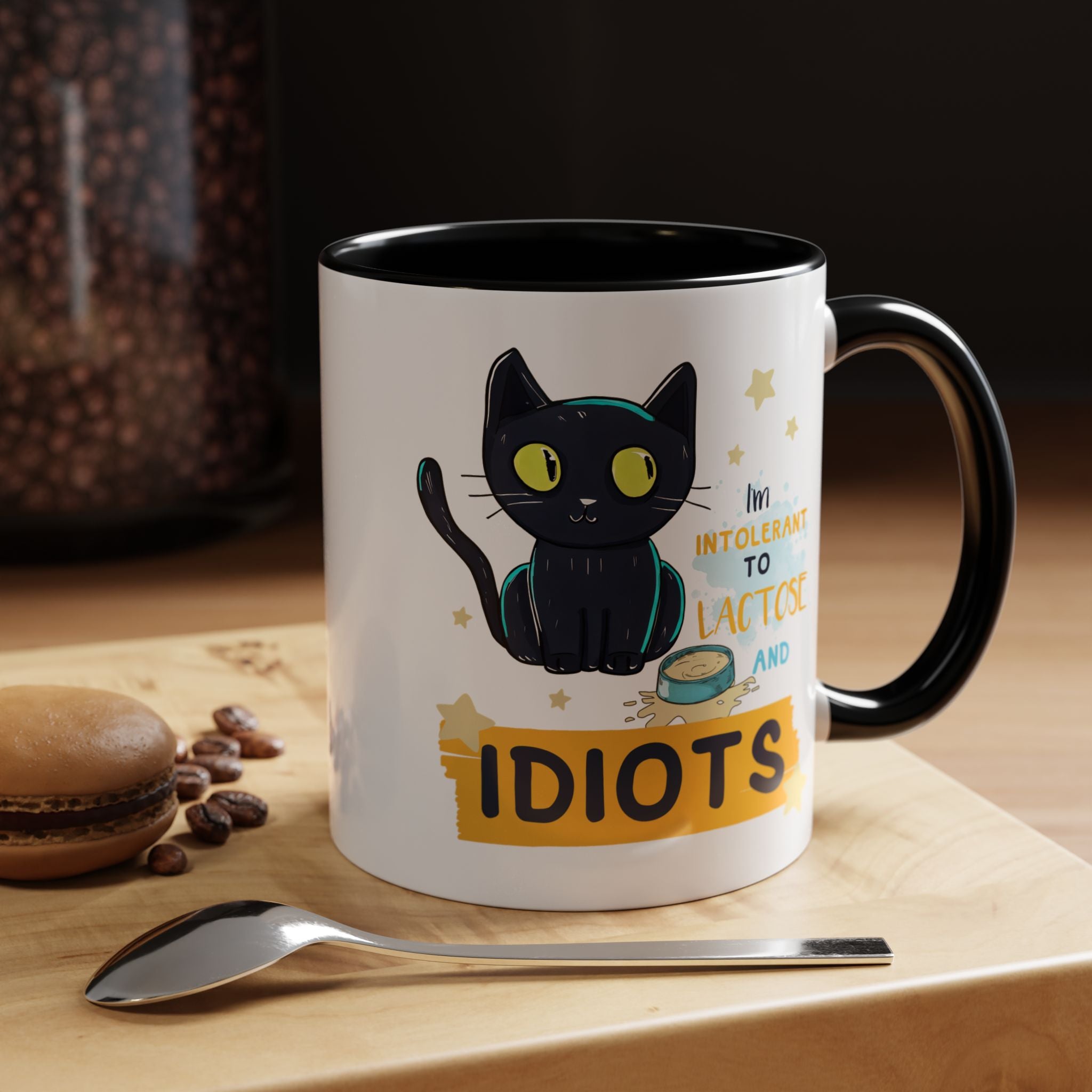 Funny Coffee Mug, Personalized Mug, Cute Cat Intolerant To Lactose and Idiots Accent Cup (11, 15oz), Gift Under 20, White Elephant gift