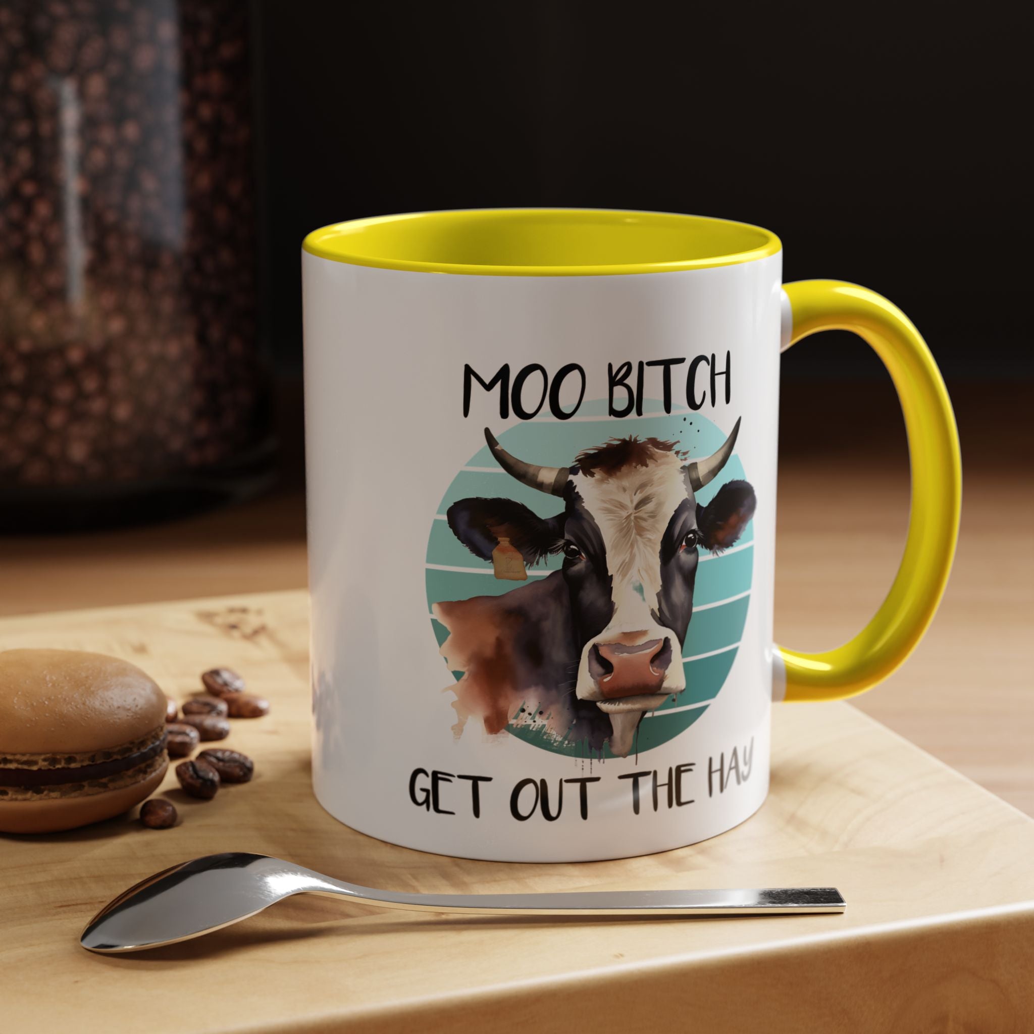 Funny Coffee Mug, Personalized Mug, Moo Bitch Get Out The Hay Accent Cup (11, 15oz), Gift Under 20, White Elephant gift