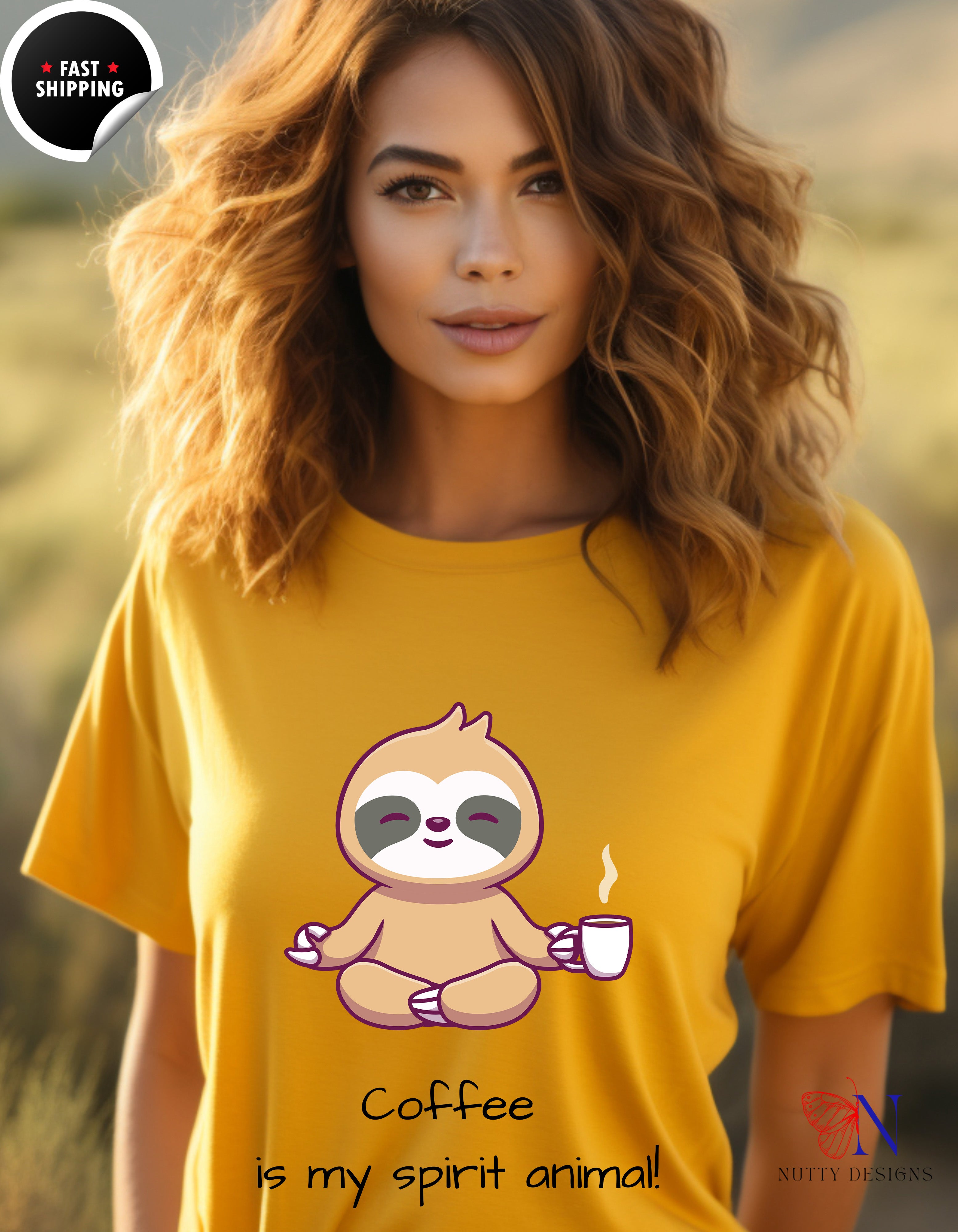 Coffee Is My Spirit Animal – Cute Sloth Coffee Lover T-Shirt Lifestyle Mockup | Nutty Designs