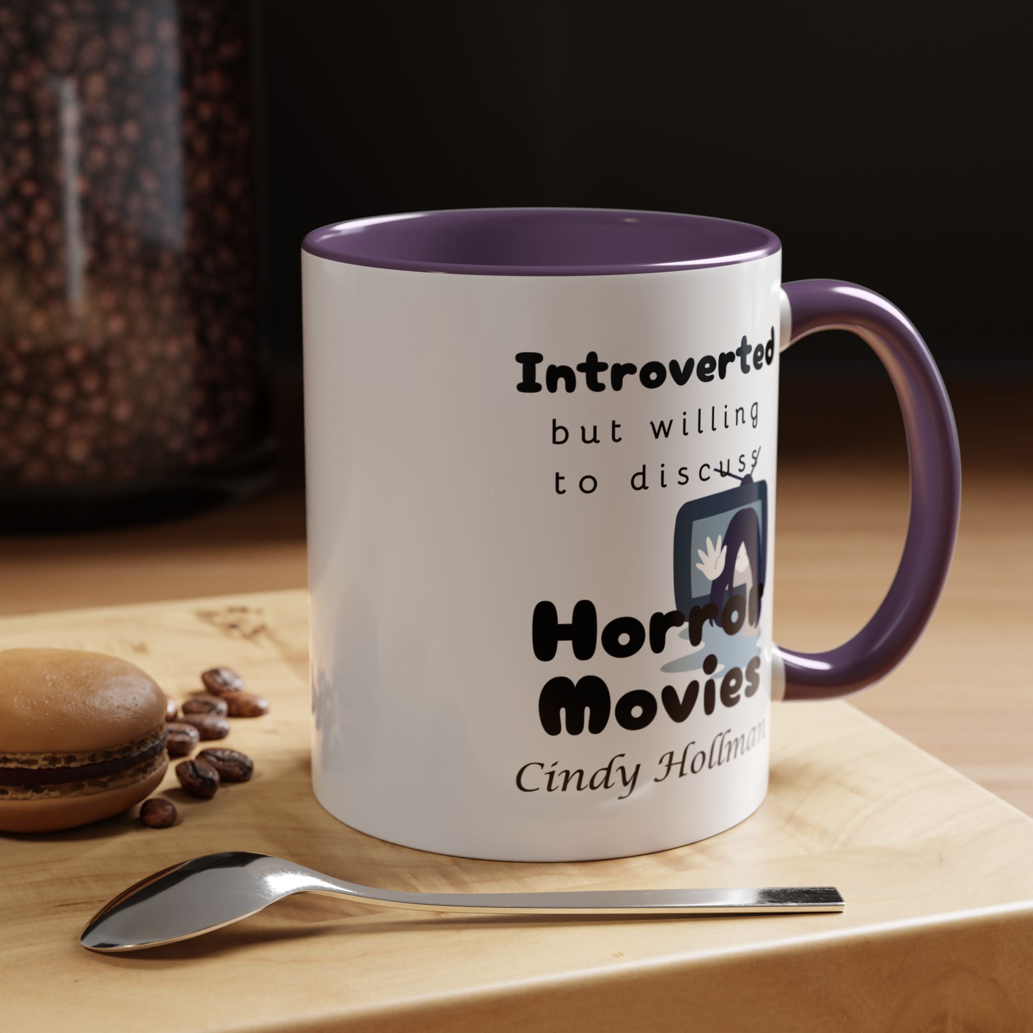 Introverted But Willing To Discuss Horror Movies Personalized Accent Coffee Mug (11 and 15oz)