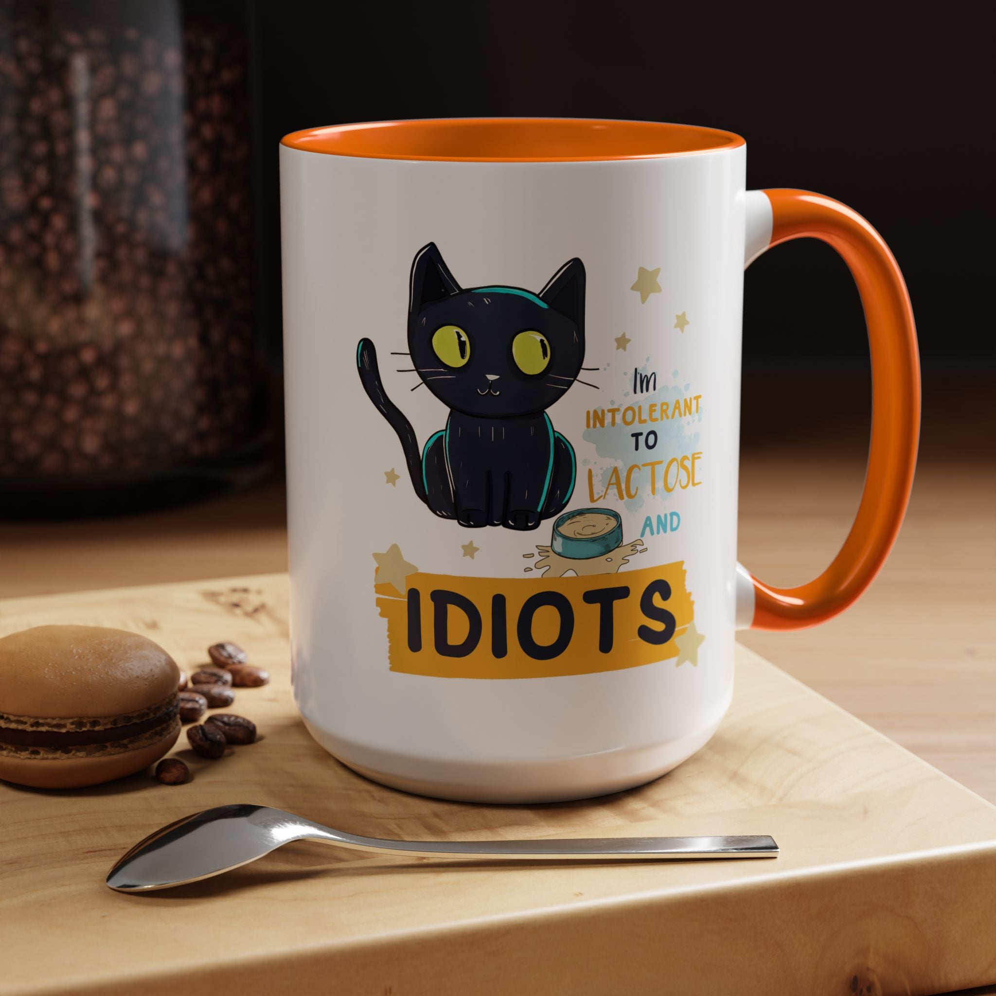 Funny Coffee Mug, Personalized Mug, Cute Cat Intolerant To Lactose and Idiots Accent Cup (11, 15oz), Gift Under 20, White Elephant gift