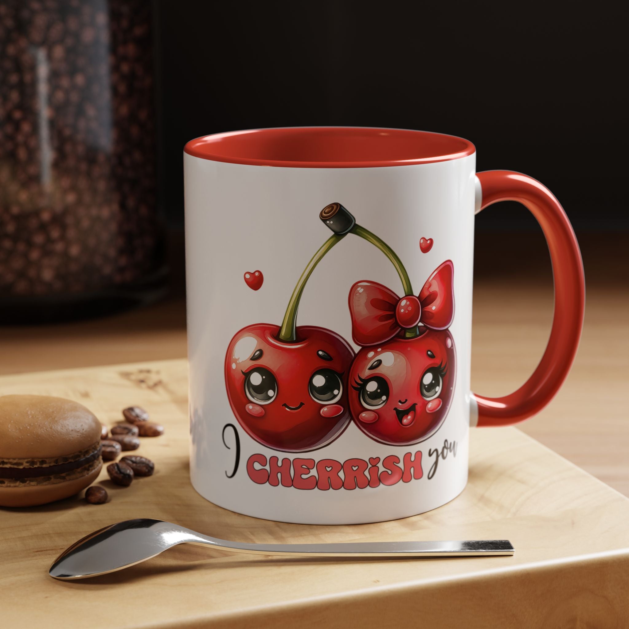 Kawaii Cherries I Cherrish You Mug Lifestyle Mockup | Nutty Designs