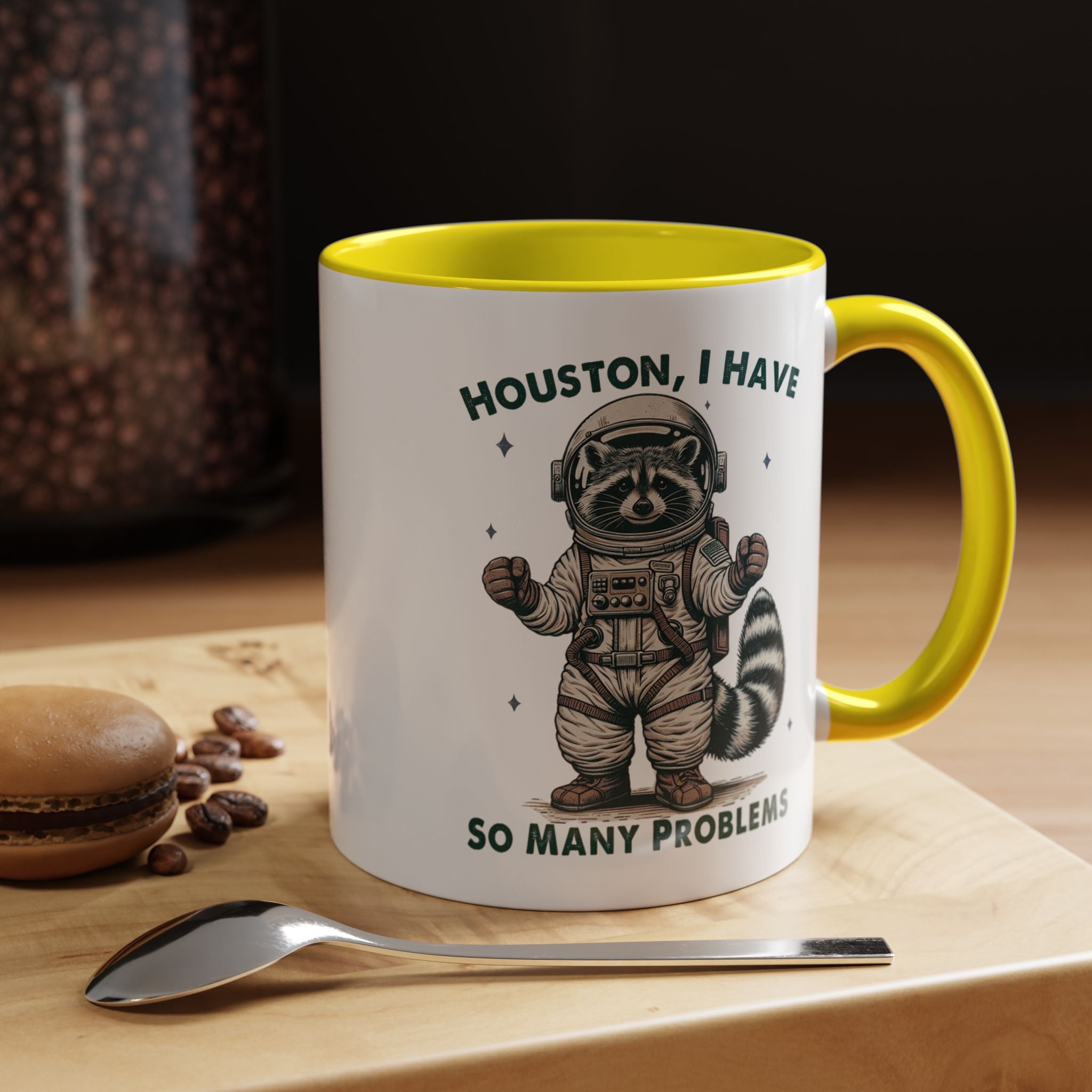 Funny Coffee Mug, Personalized Mug, Funny Racoon Houston I Have So Many Problems,  Accent Cup (11, 15oz), Gift Under 20, White Elephant gift
