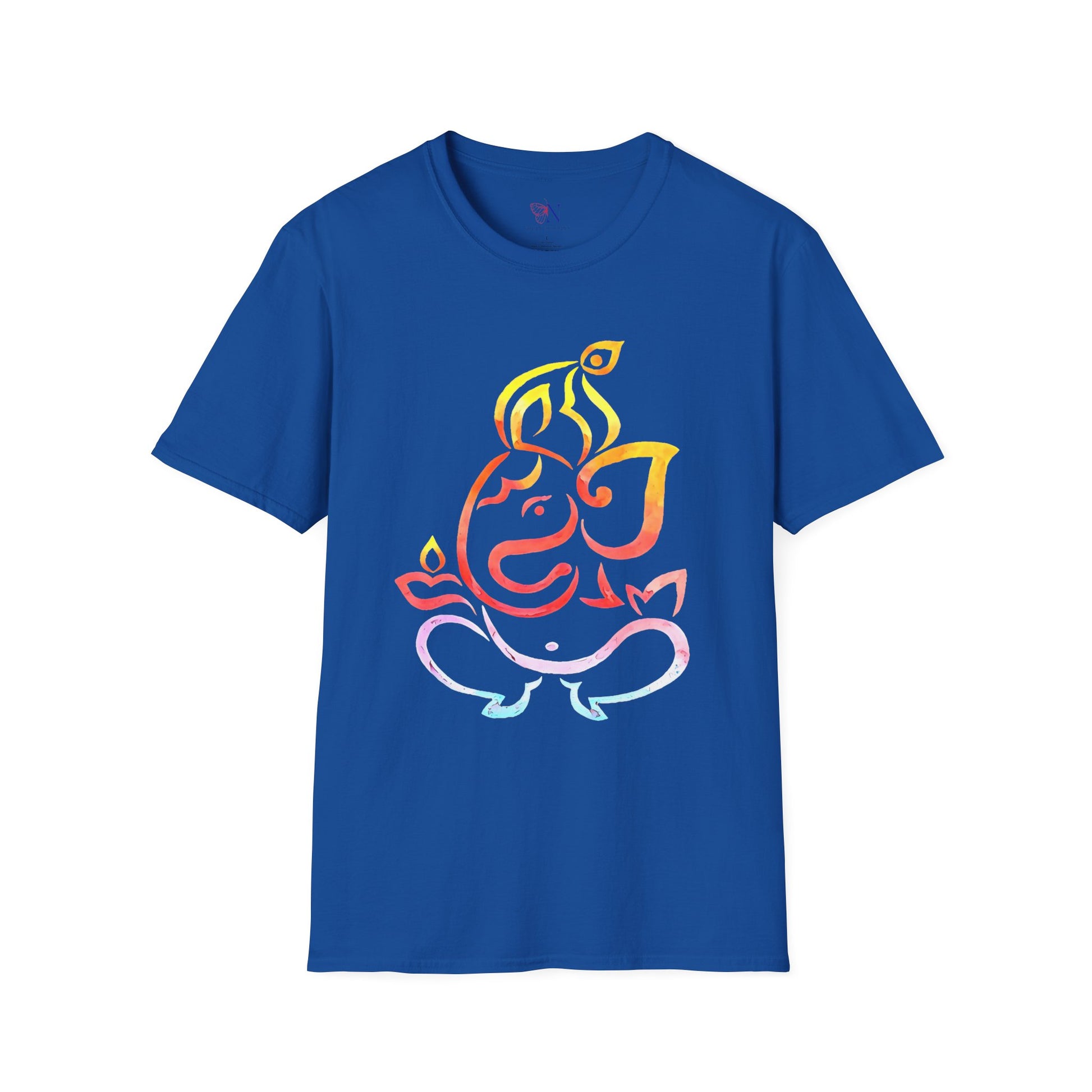 Blue T-shirt featuring a colorful graphic design of Ganesha, perfect for gifting family and friends.