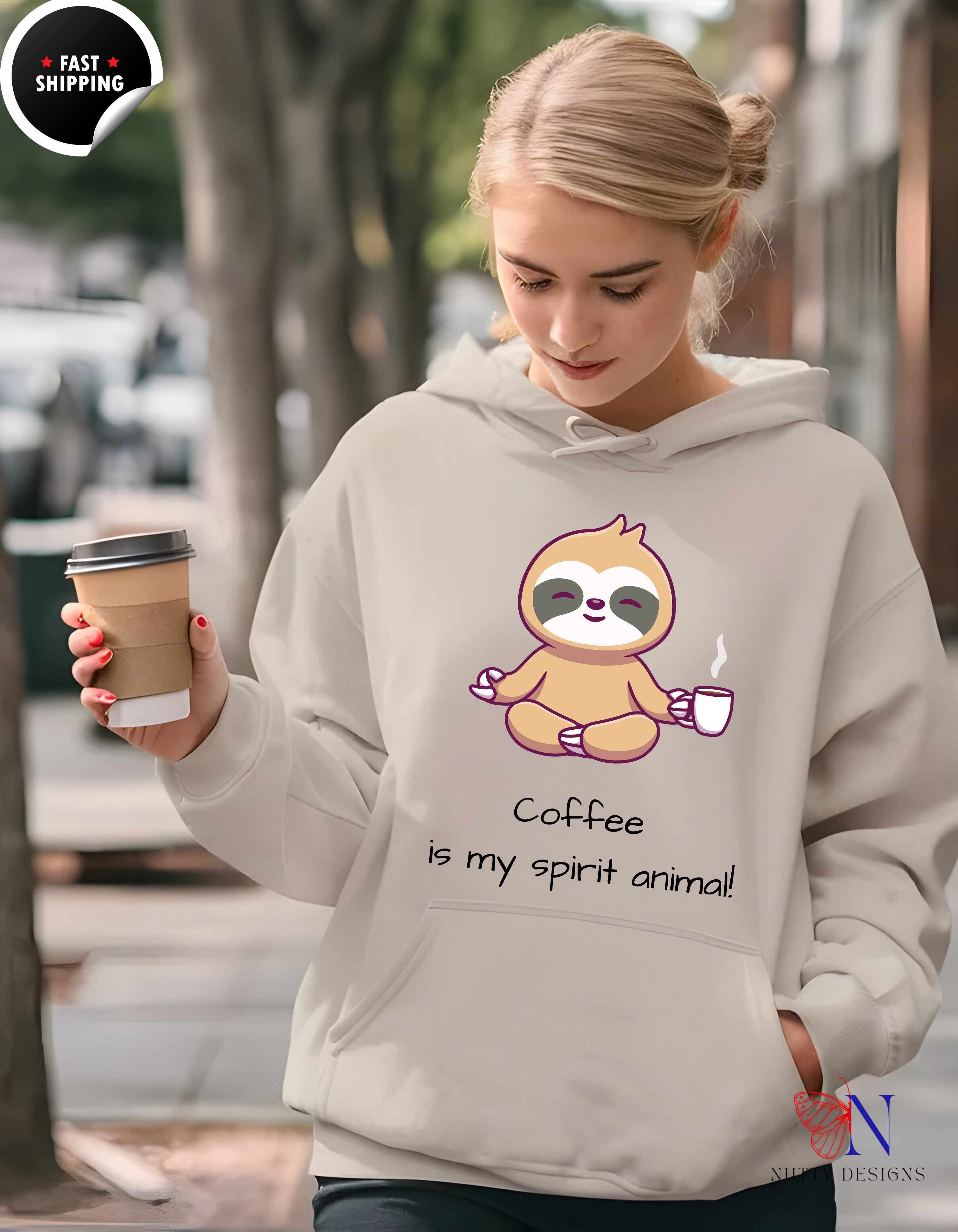Sloth Coffee — "Coffee is my spirit animal" Cute Cozy Pullover Hoodie Lifestyle Mockup | Nutty Designs