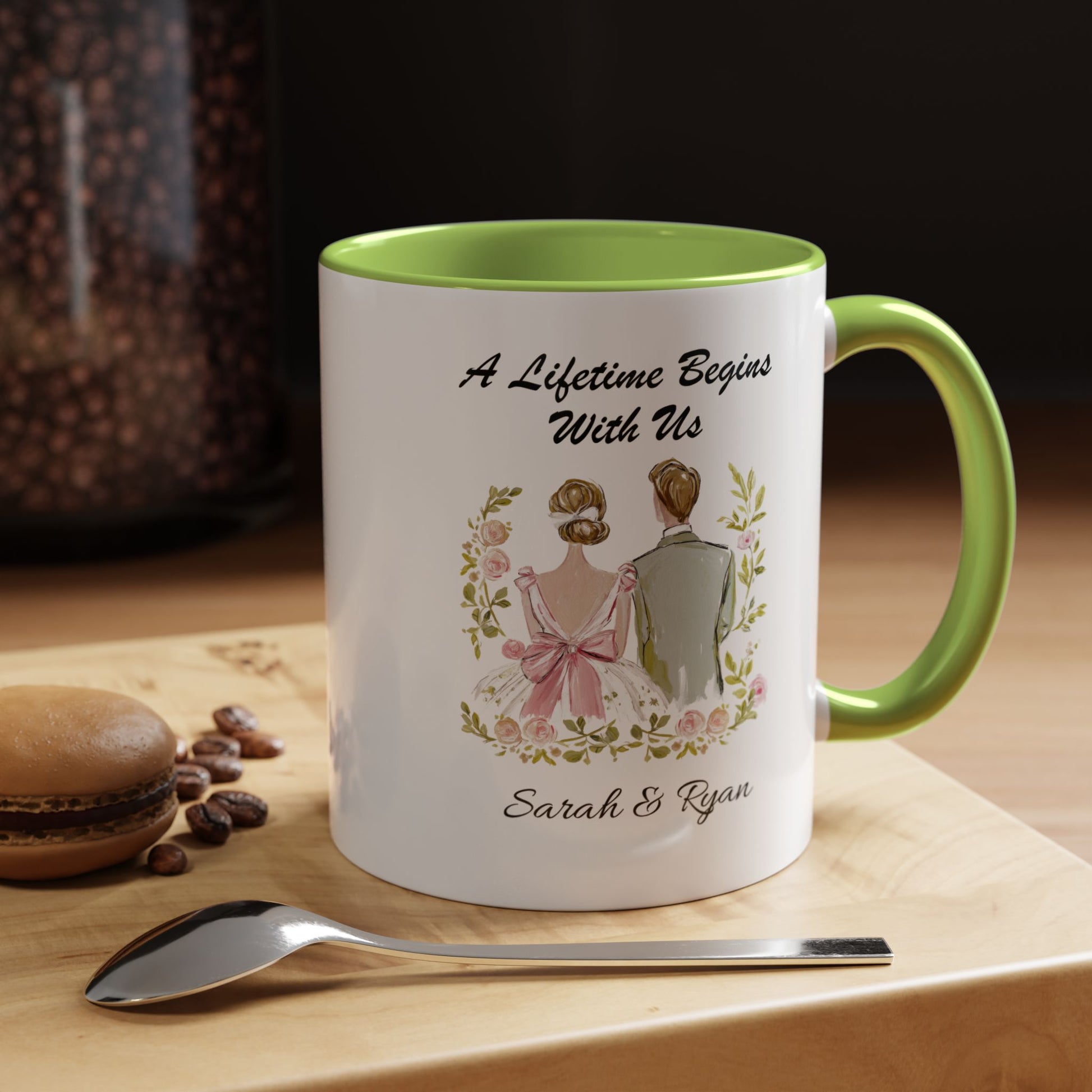 Bride and Groom Illustration A Lifetime Begins With Us Mug Lifestyle Mockup | Nutty Designs