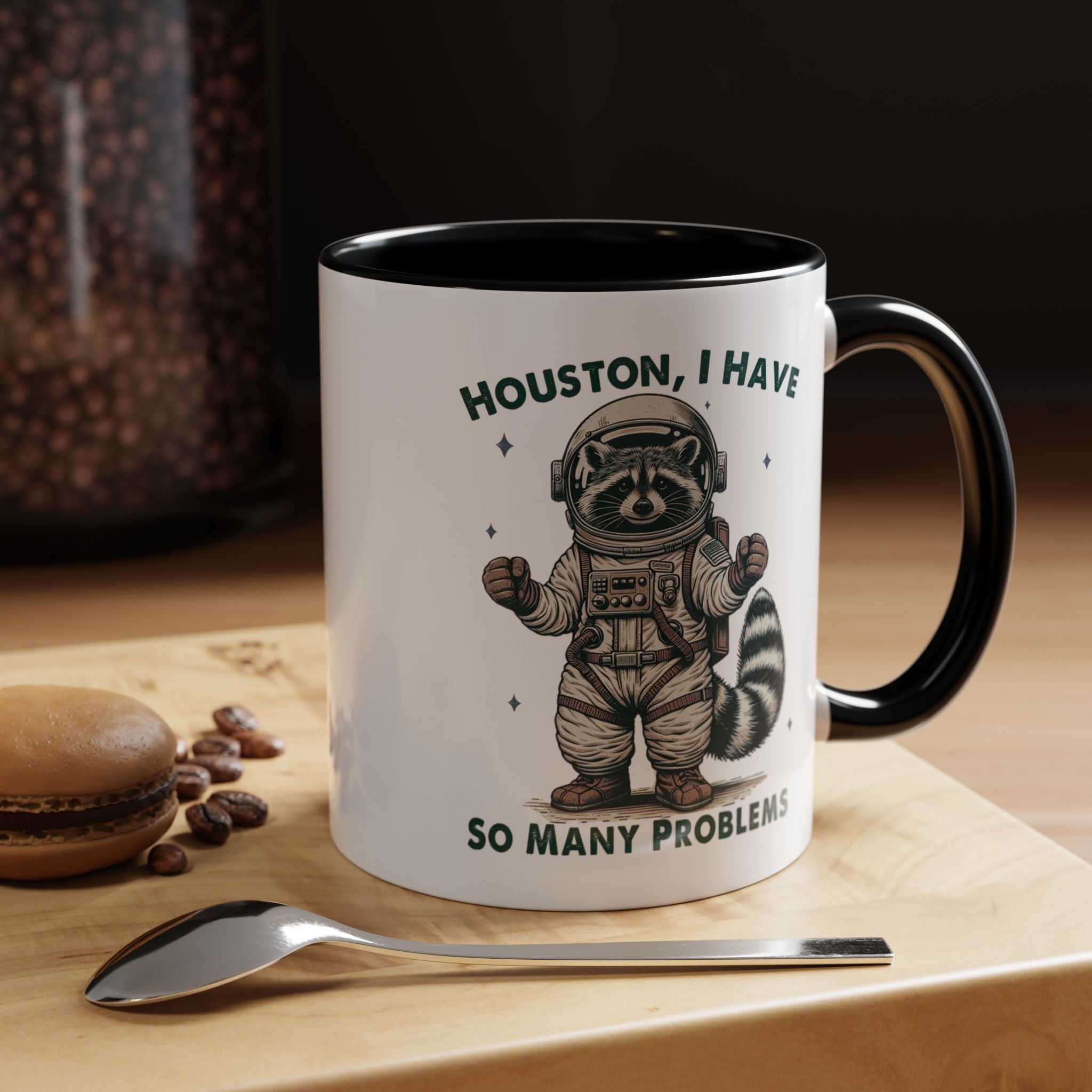 Funny Coffee Mug, Personalized Mug, Funny Racoon Houston I Have So Many Problems,  Accent Cup (11, 15oz), Gift Under 20, White Elephant gift