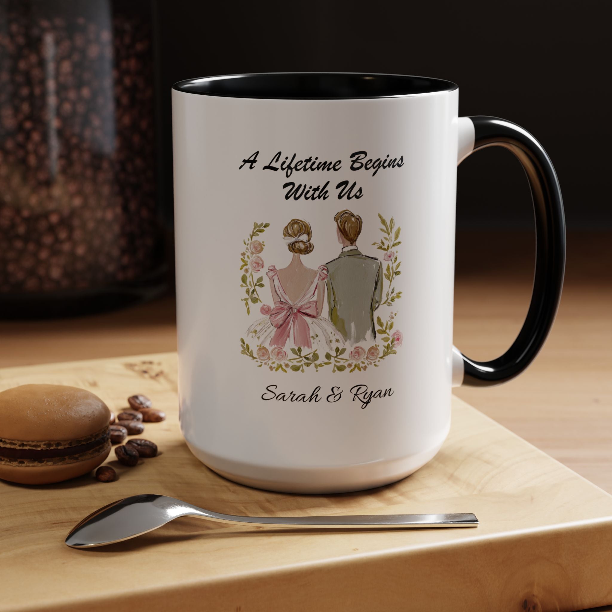 Bride and Groom Illustration A Lifetime Begins With Us Mug Lifestyle Mockup | Nutty Designs