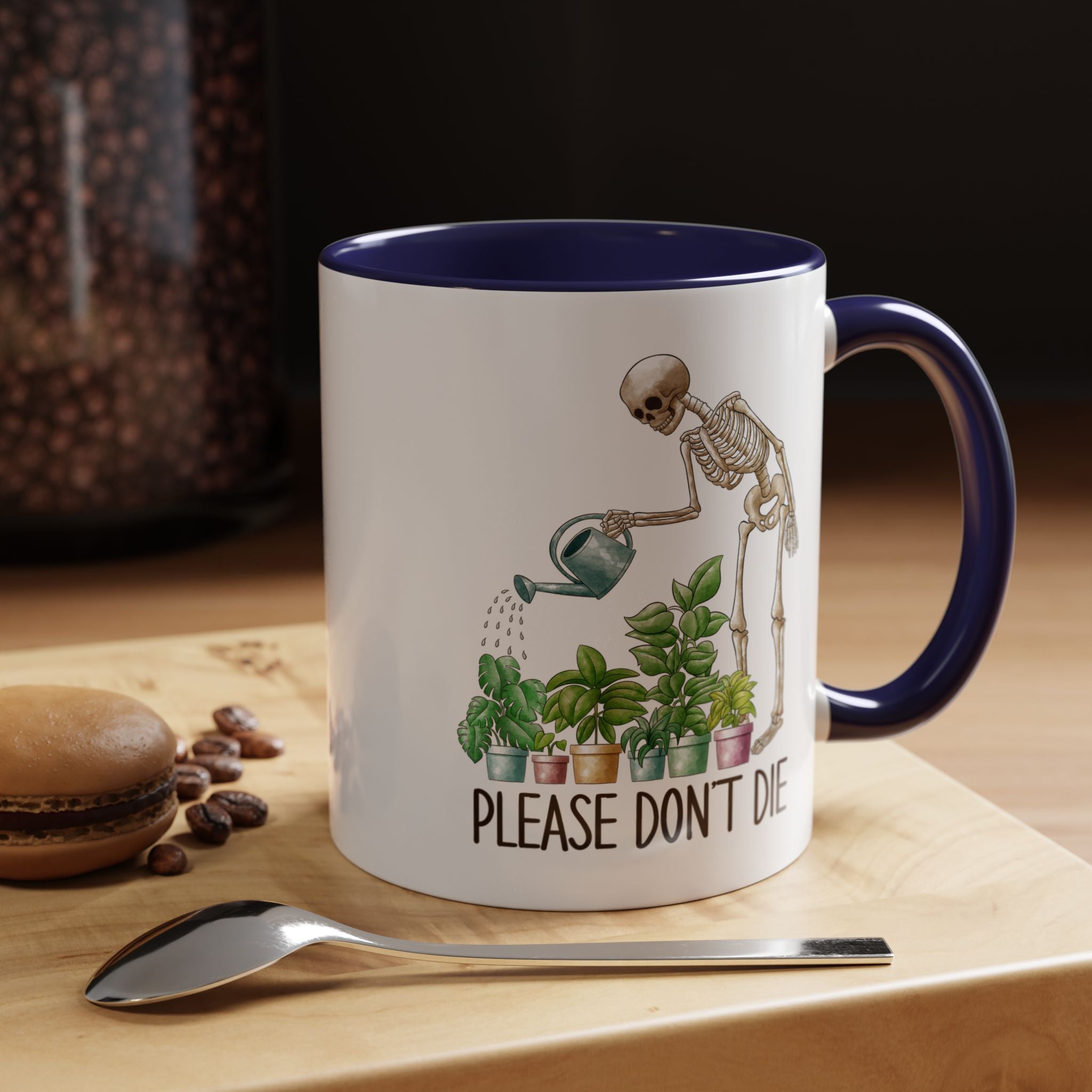 Funny Coffee Mug, Personalized Mug, Skeleton Watering Plants Saying Please Don't Die,  Accent Cup (11, 15oz), Gift Under 20, White Elephant