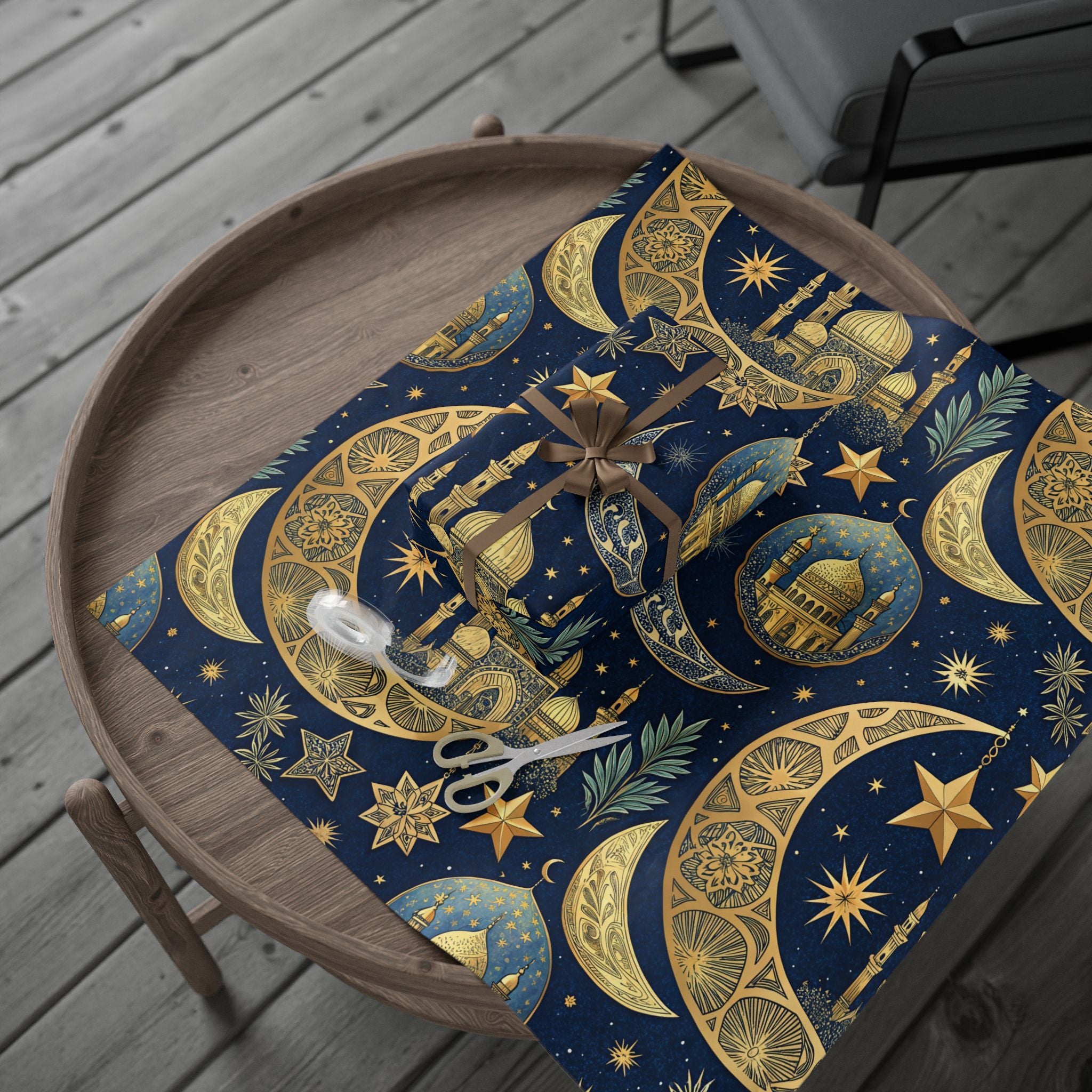 Ramadan Wrapping Paper - Islamic Gift Wrap With Night Sky, Mosque, Golden Crescent Moon, and Stars | celestial night pattern, navy and gold