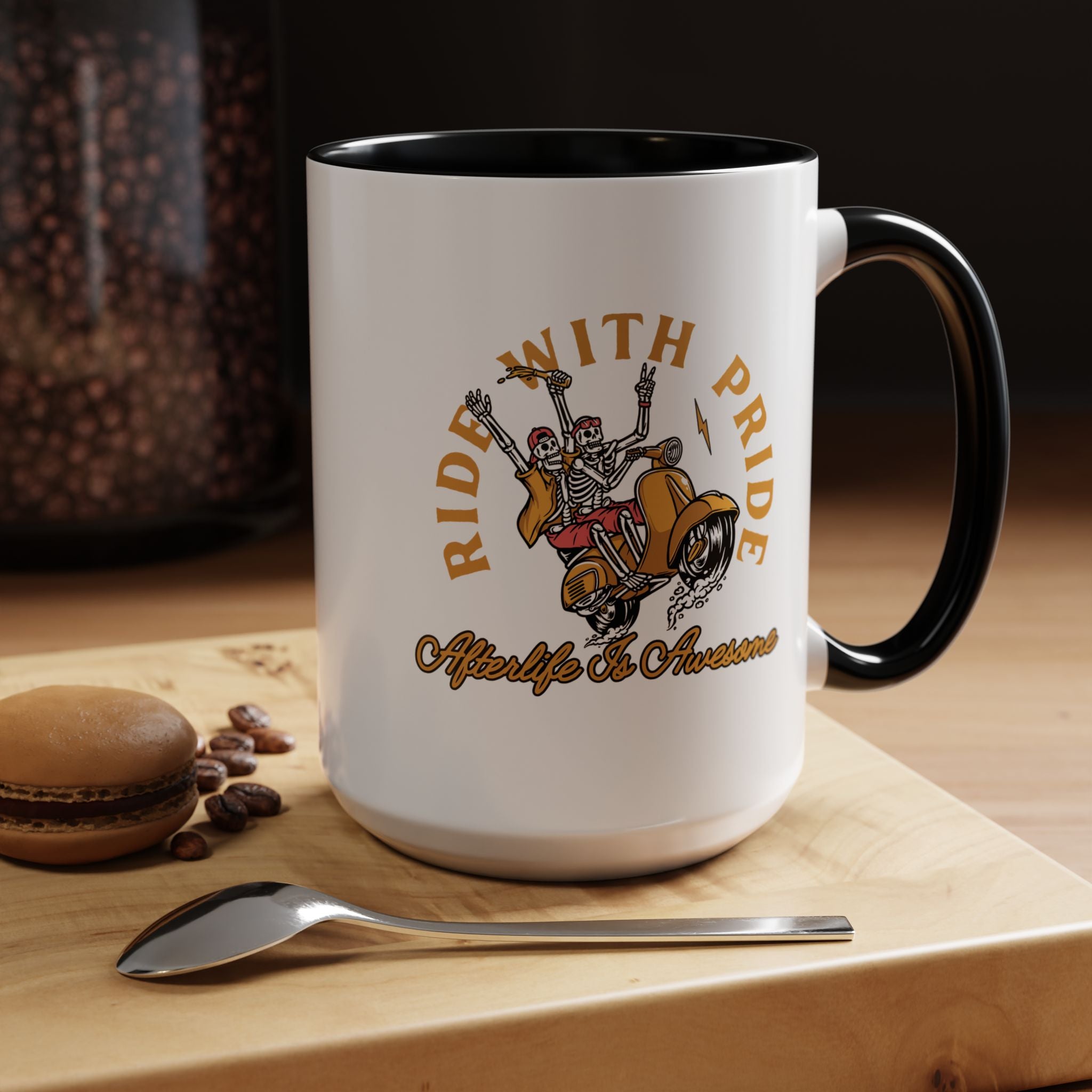 Funny Coffee Mug, Personalized Mug, Ride With Pride Afterlife Is Awesome, Skeleton Accent Cup (11, 15oz), Gift Under 20, White Elephant