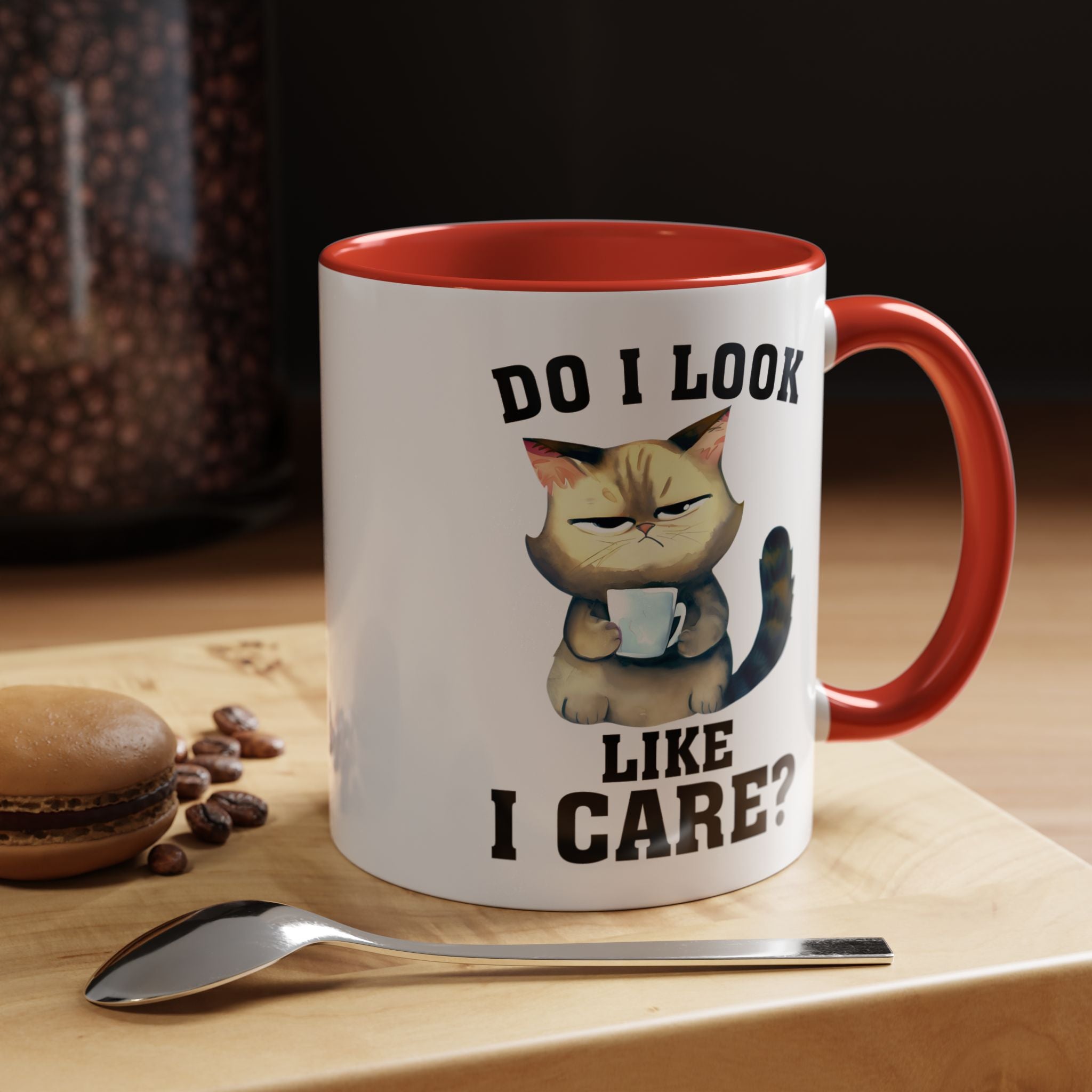 Funny Coffee Mug, Personalized Mug, Grumpy Cat DO I Look Like I Care Accent Cup (11, 15oz), Gift Under 20, White Elephant gift