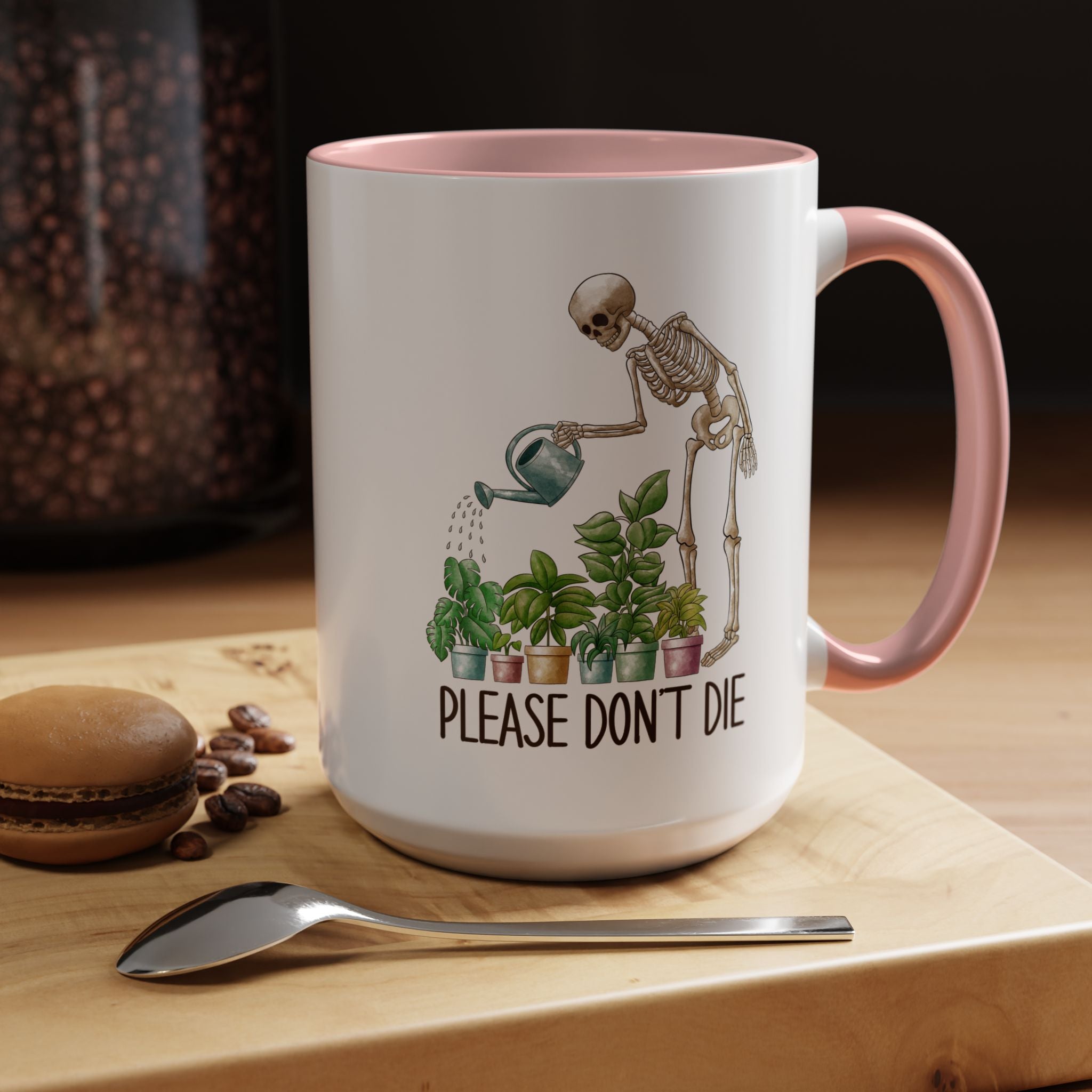 Funny Coffee Mug, Personalized Mug, Skeleton Watering Plants Saying Please Don't Die,  Accent Cup (11, 15oz), Gift Under 20, White Elephant