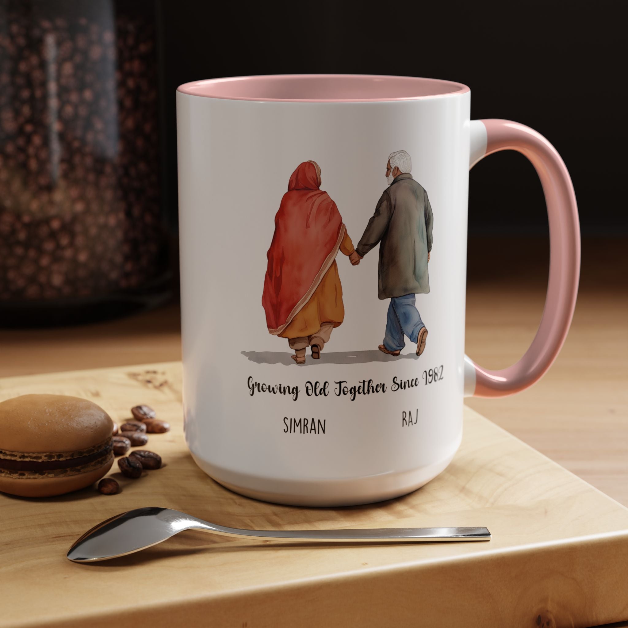 Funny Coffee Mug, Personalized Mug, Growing Old Together Since Indian Couple Accent Cup 11/15oz, Anniversary, Wedding, Romantic For Him her