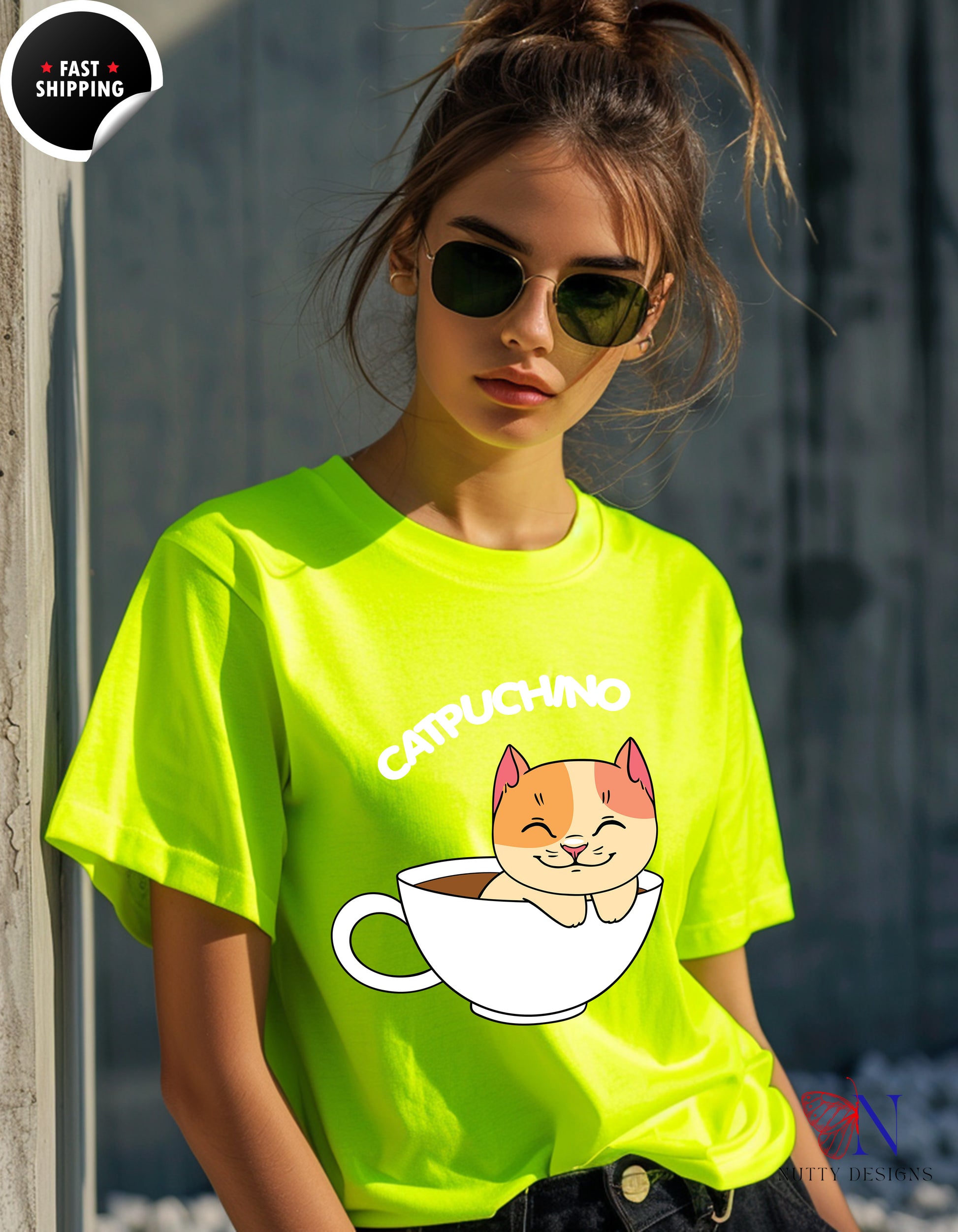 Cat Coffee Lover Shirt, Catpuchino T-Shirt Lifestyle Mockup | Nutty Designs