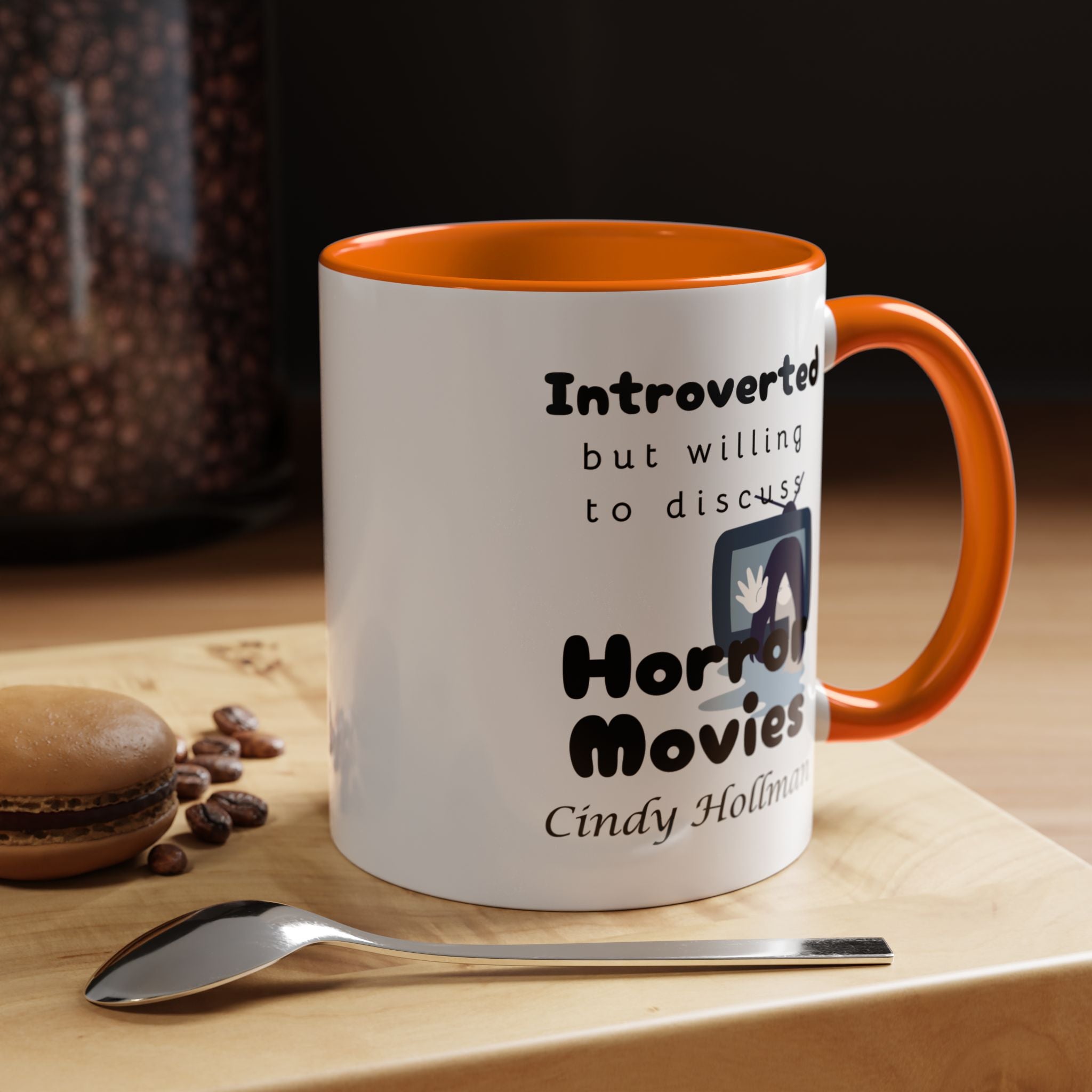 Introverted But Willing To Discuss Horror Movies Personalized Accent Coffee Mug (11 and 15oz)