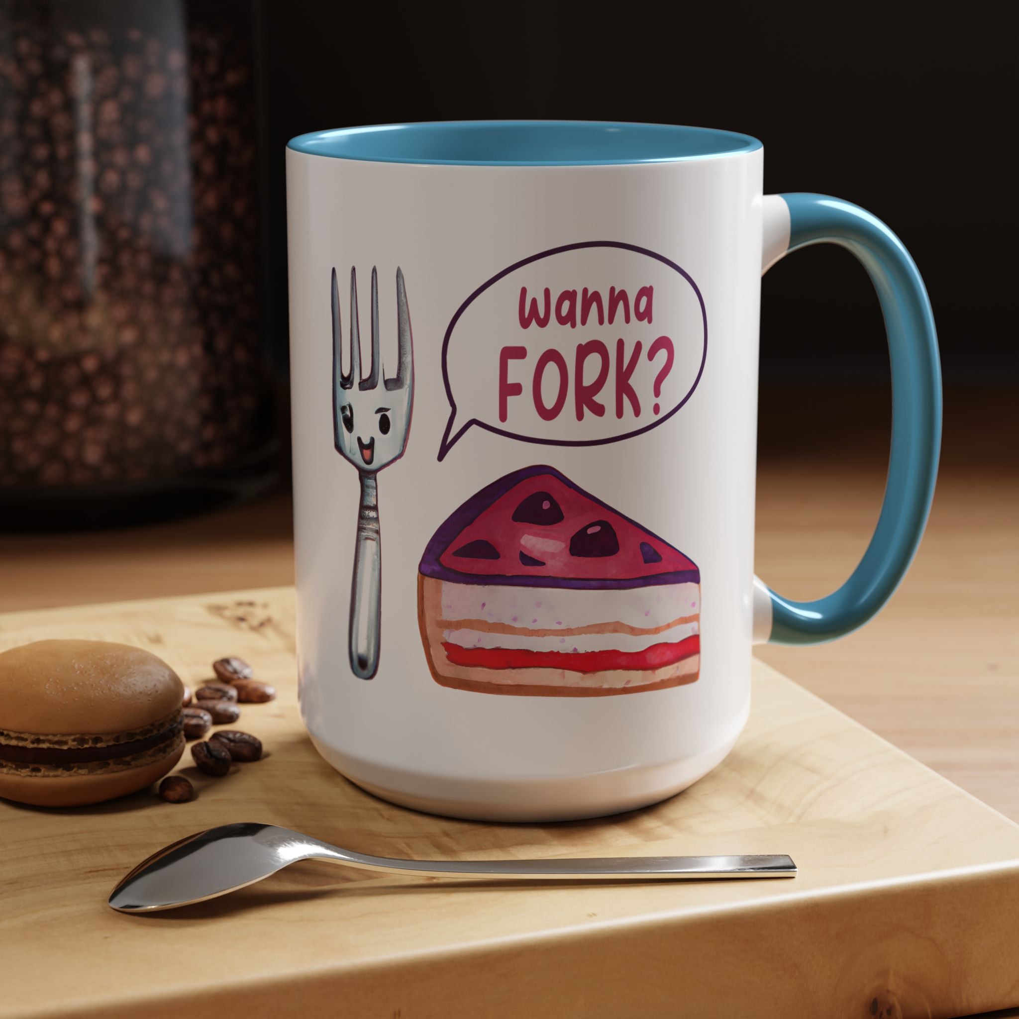Wanna Fork? Cute Cake & Fork Illustration Mug Lifestyle Mockup | Nutty Designs