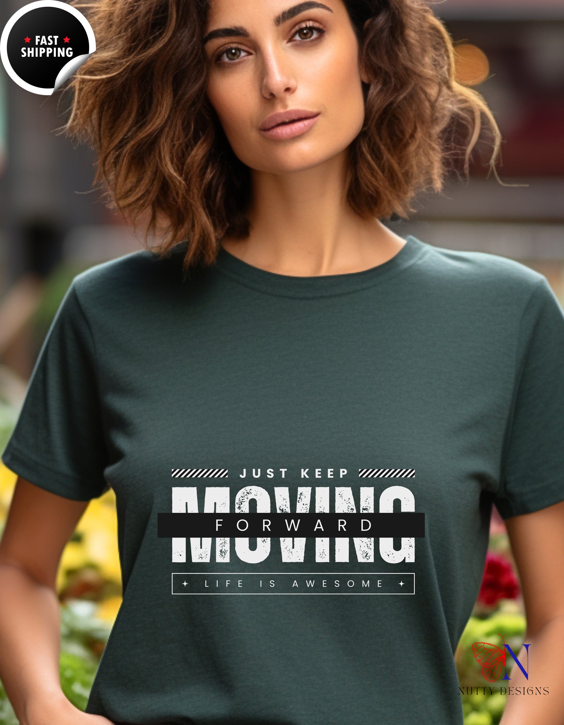 Just Keep Moving Forward Life Is Awesome T-Shirt Lifestyle Mockup | Nutty Designs