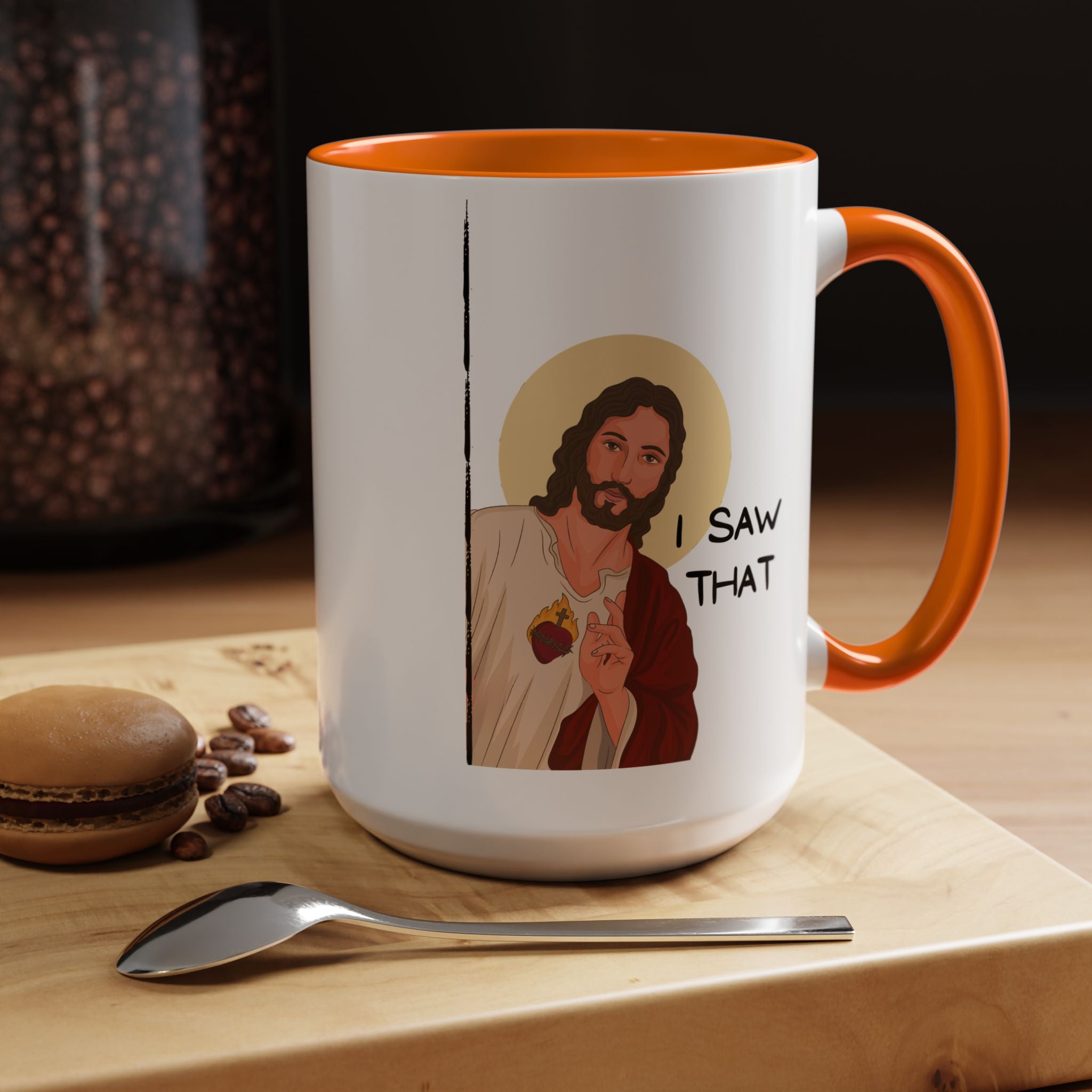Peeking Jesus, I saw That Funny Coffee Mug, Personalized Mug, Accent Cup (11, 15oz), Gift Under 20, Gift for Atheist, faith based cup