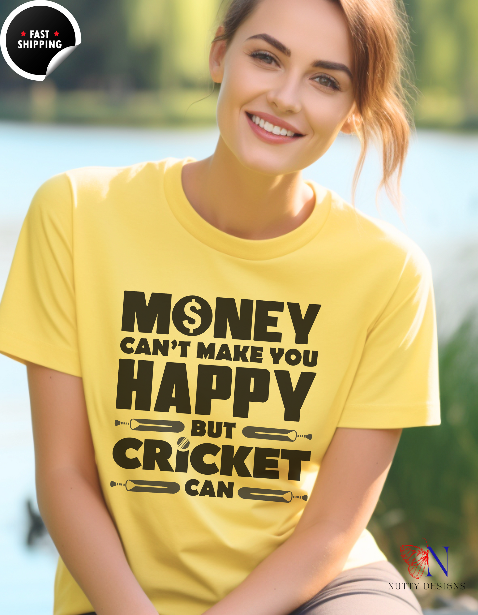 Money can't make you happy but Cricket can, unique T-Shirt Lifestyle Mockup | Nutty Designs