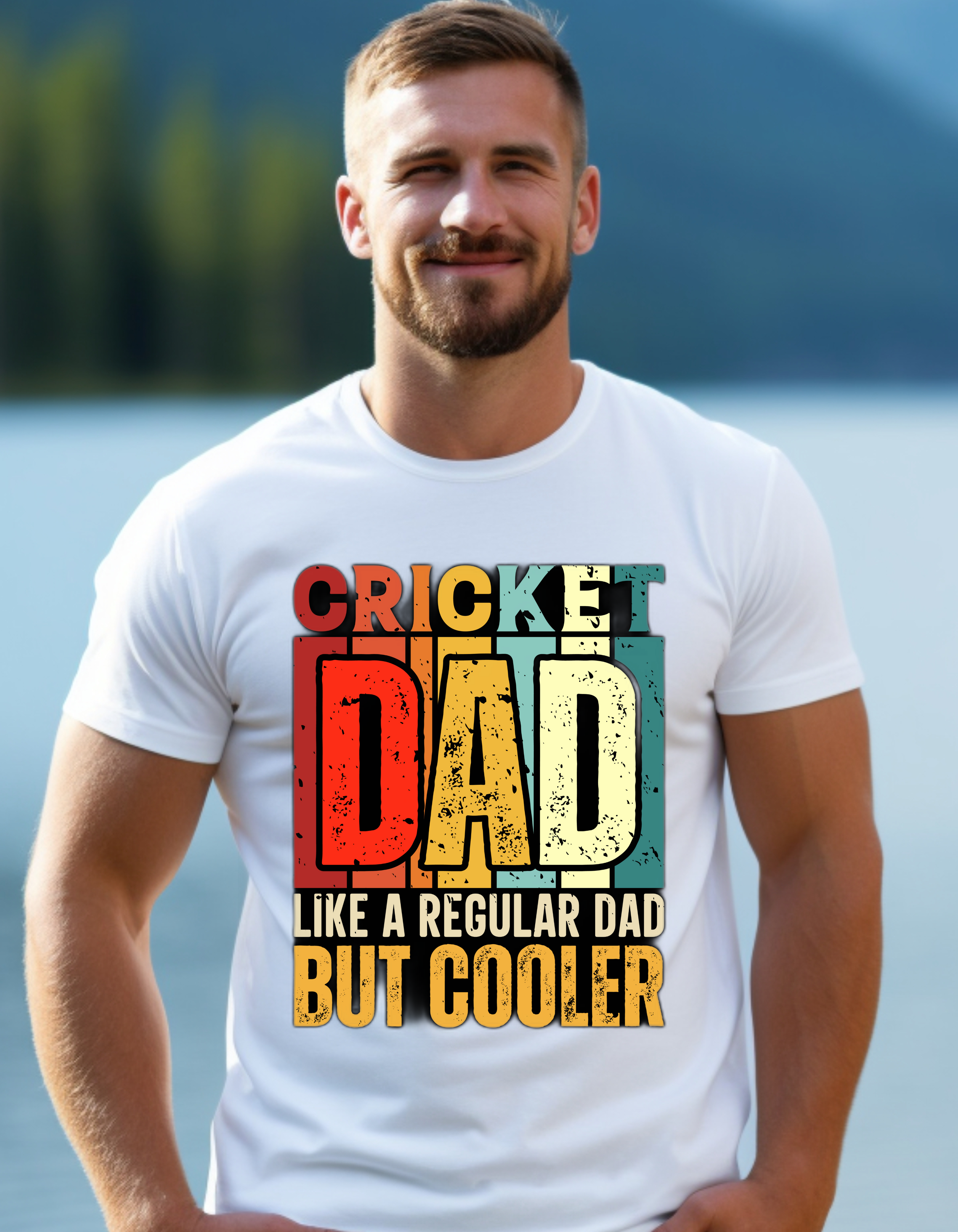 a man wearing a t - shirt that says cricket dad like a regular dad but