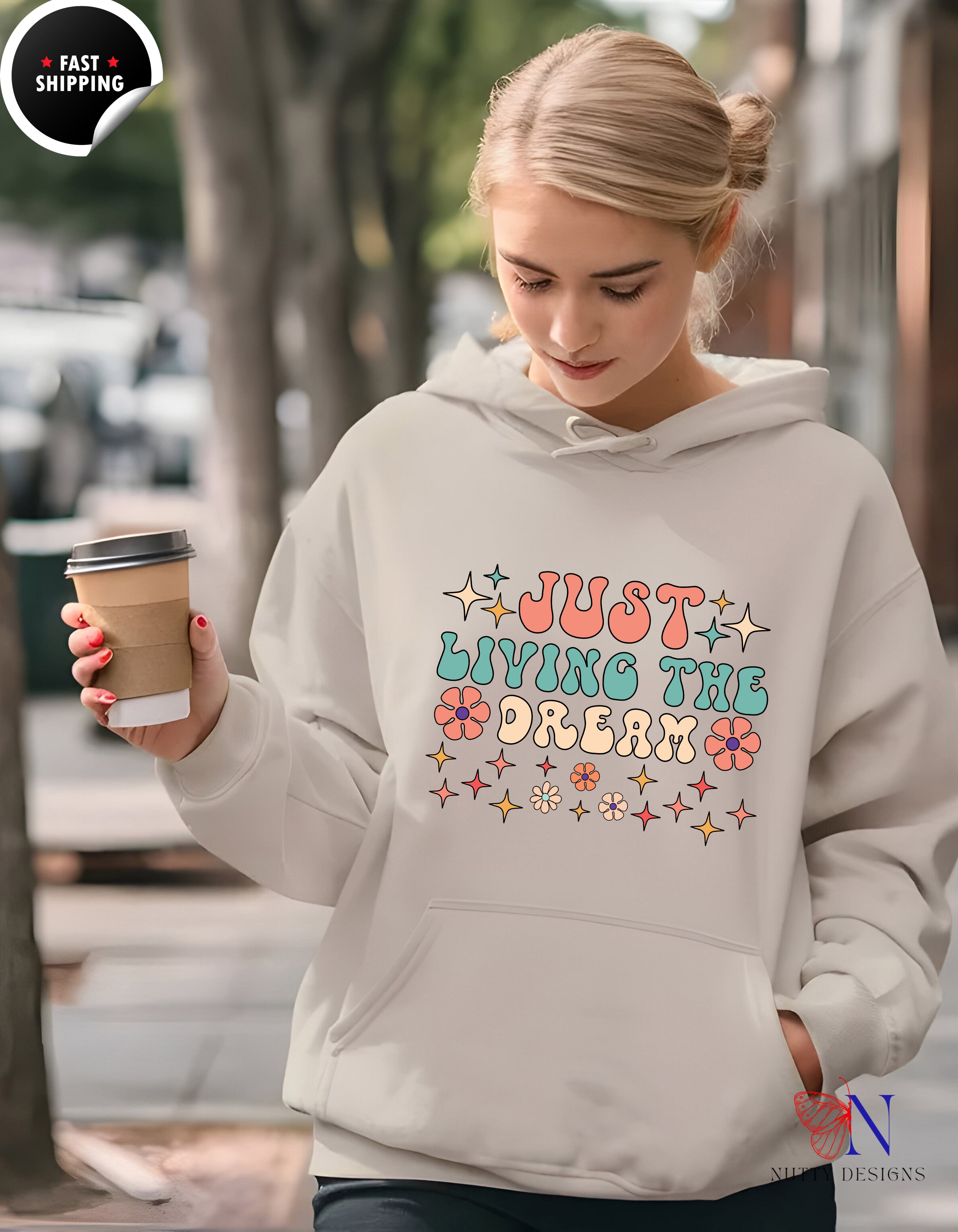 Just Living the Dream — Retro Floral Boho Hoodie Lifestyle Mockup | Nutty Designs