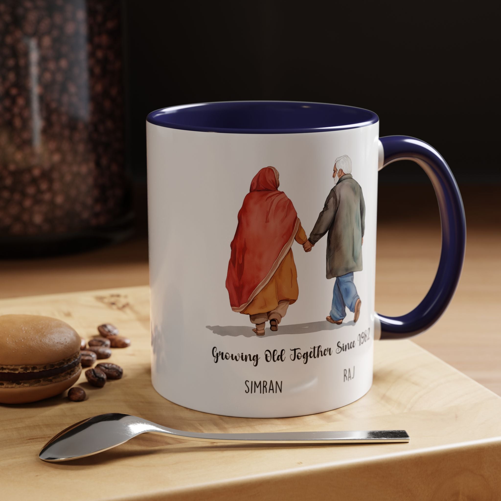 Funny Coffee Mug, Personalized Mug, Growing Old Together Since Indian Couple Accent Cup 11/15oz, Anniversary, Wedding, Romantic For Him her