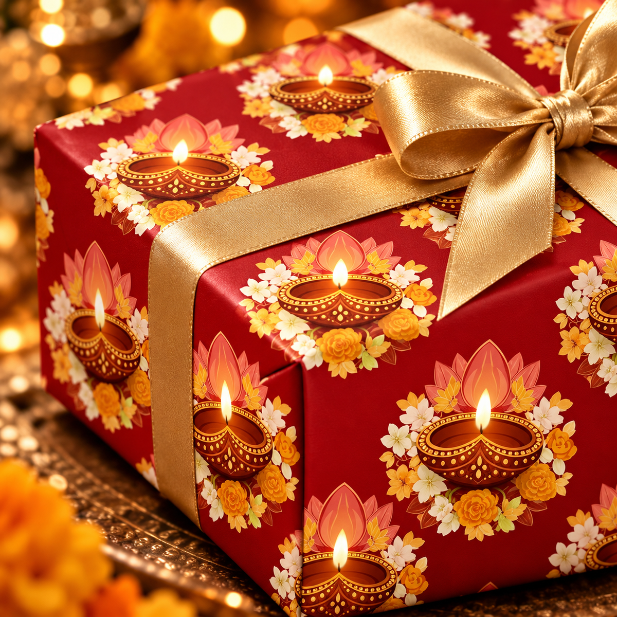 Diwali Wrapping Paper Roll - Crimson Floral Diyas Indian Gift Wrap