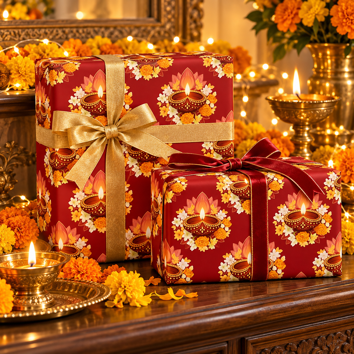 Diwali Wrapping Paper Roll - Crimson Floral Diyas Indian Gift Wrap