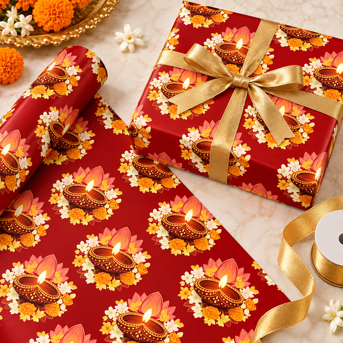 Diwali Wrapping Paper Roll - Crimson Floral Diyas Indian Gift Wrap