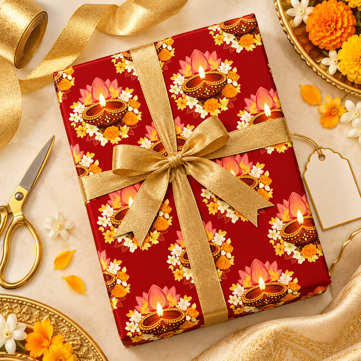 Diwali Wrapping Paper Roll - Crimson Floral Diyas Indian Gift Wrap