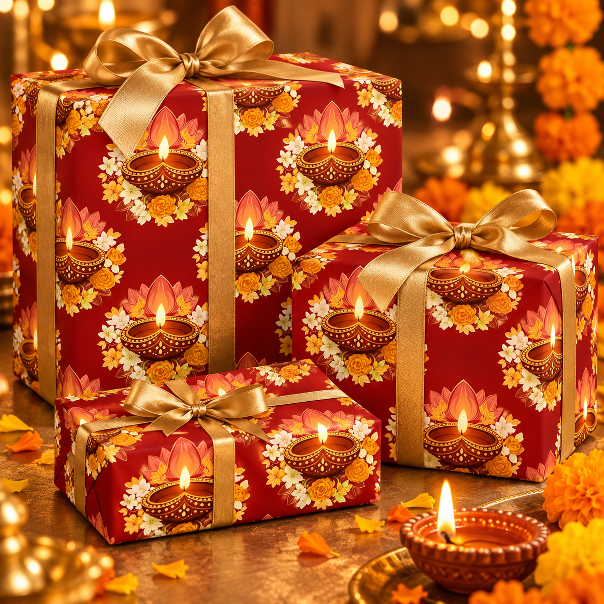 Diwali Wrapping Paper Roll - Crimson Floral Diyas Indian Gift Wrap