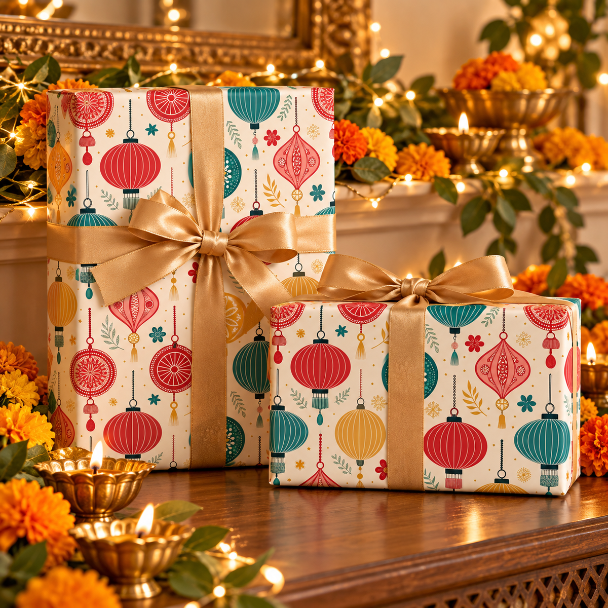Diwali Wrapping Paper Roll - Ivory Hanging Lanterns Indian Gift Wrap