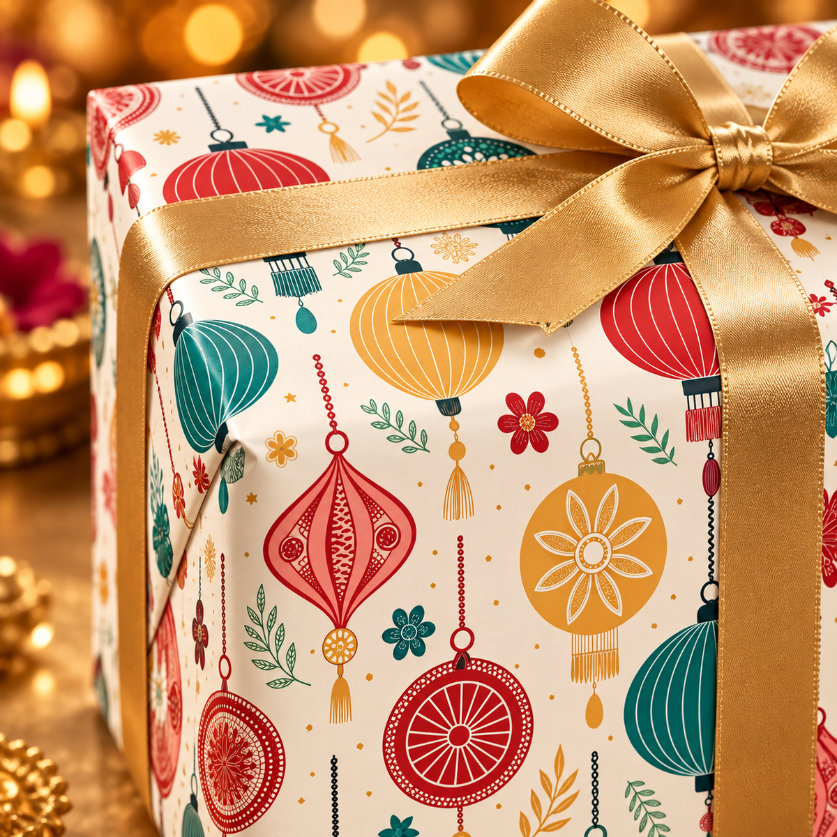 Diwali Wrapping Paper Roll - Ivory Hanging Lanterns Indian Gift Wrap