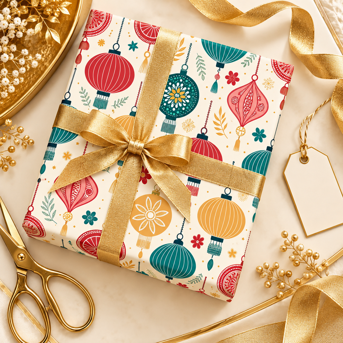 Diwali Wrapping Paper Roll - Ivory Hanging Lanterns Indian Gift Wrap
