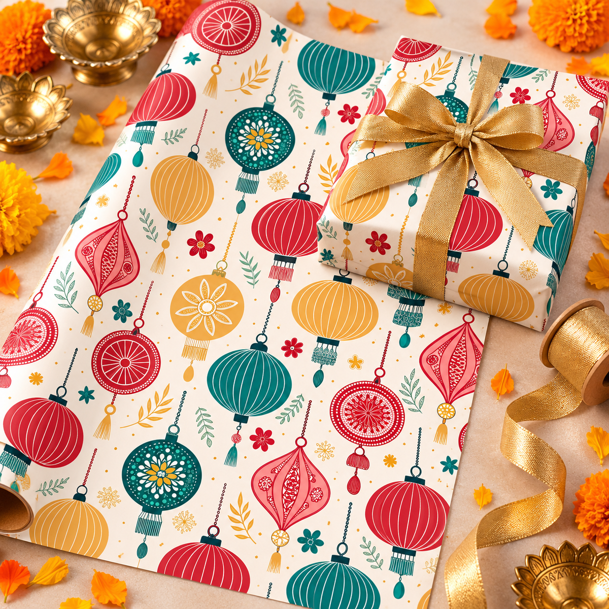 Diwali Wrapping Paper Roll - Ivory Hanging Lanterns Indian Gift Wrap