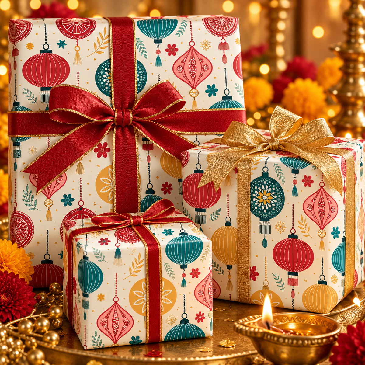 Diwali Wrapping Paper Roll - Ivory Hanging Lanterns Indian Gift Wrap